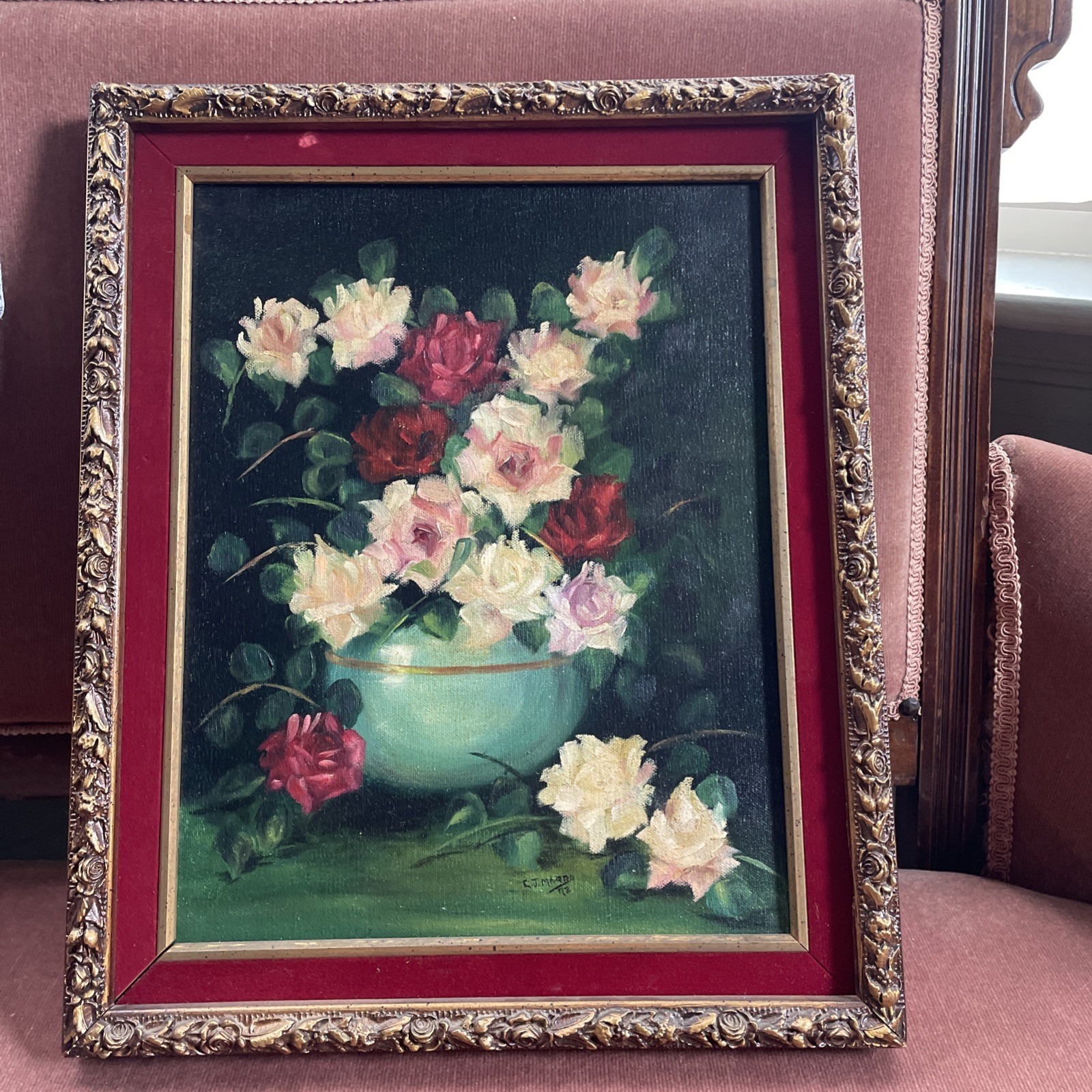 Original Oil On Canvas “CJ Marro” Still Life Roses 72’ Vintage Framed Romantic