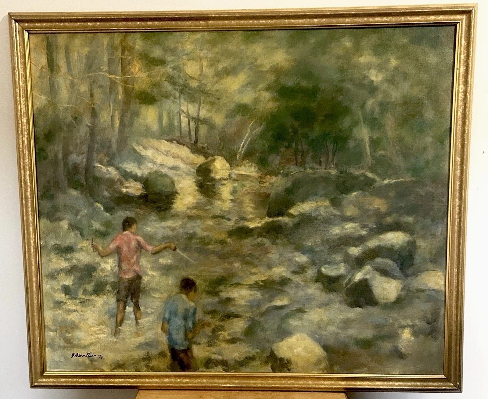 “Boys in a Mountain Stream” by Gerald Bernstein Oil Painting 33.5x39x1.5