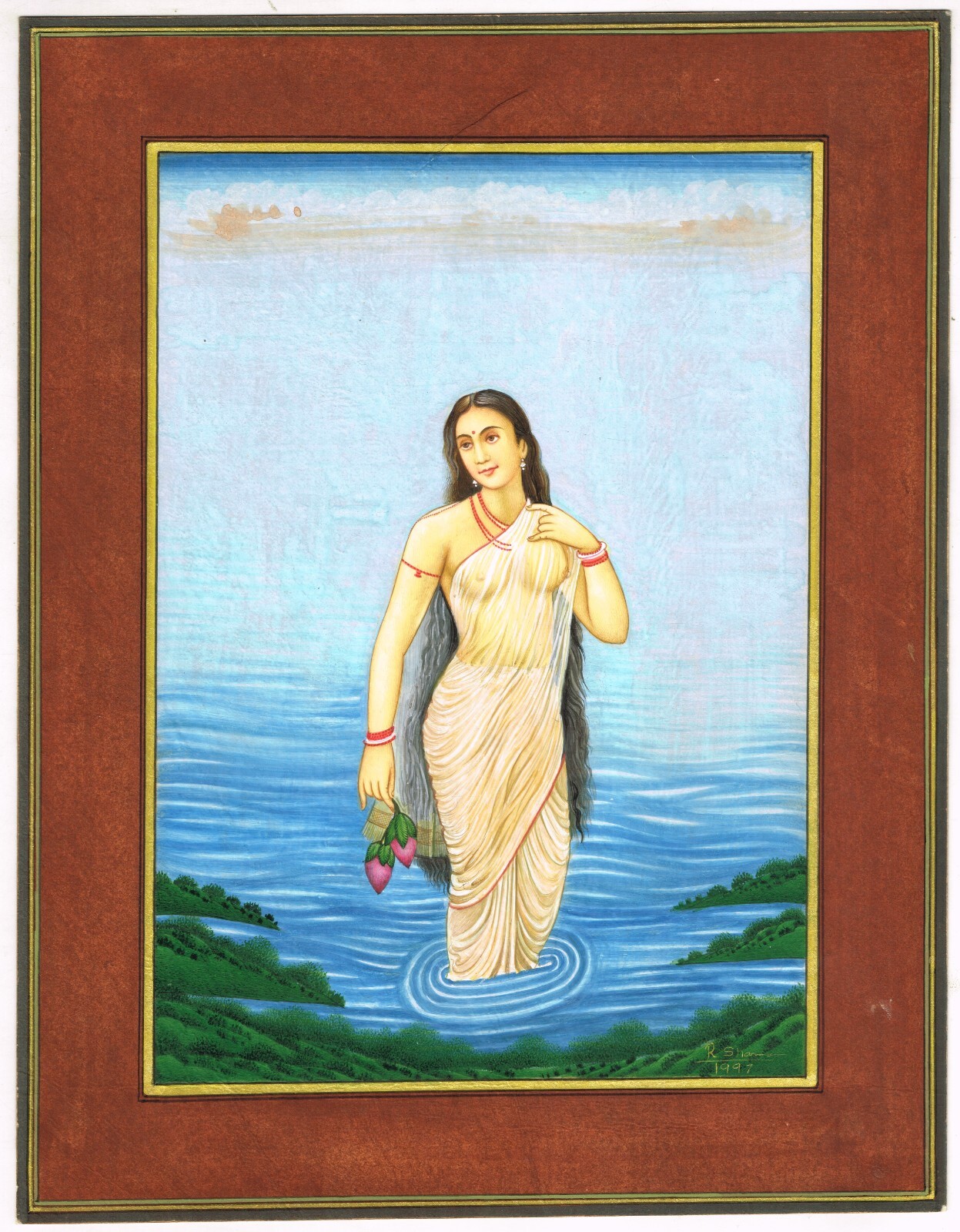 Lady Painting Of Semi Naked Woman In The Lake With Lotus On Paper 10×13.5 Inches