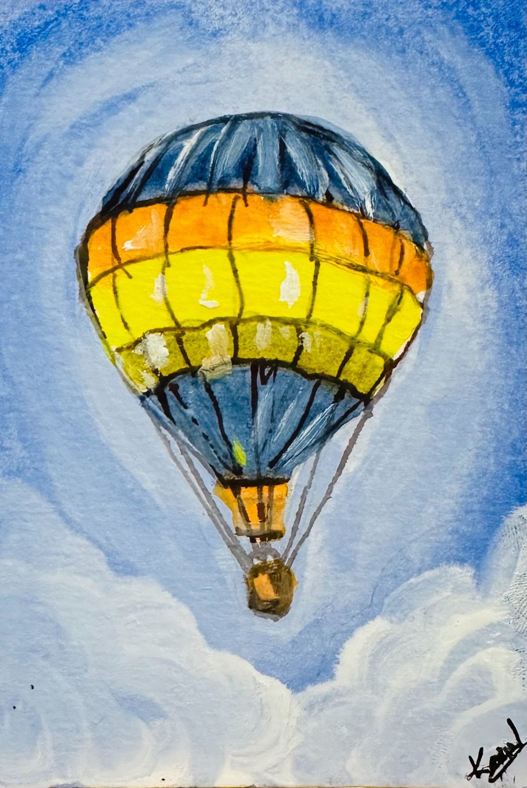 Hot Air Balloon Original ACEO Acrylic Painting Miniature Sky Landscape Art Gift