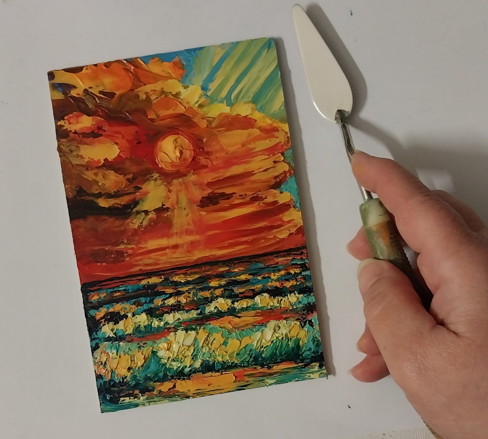 Framed Small Seascape Bright Sunset Sky Art 4×6” Impasto Original Oil Painting