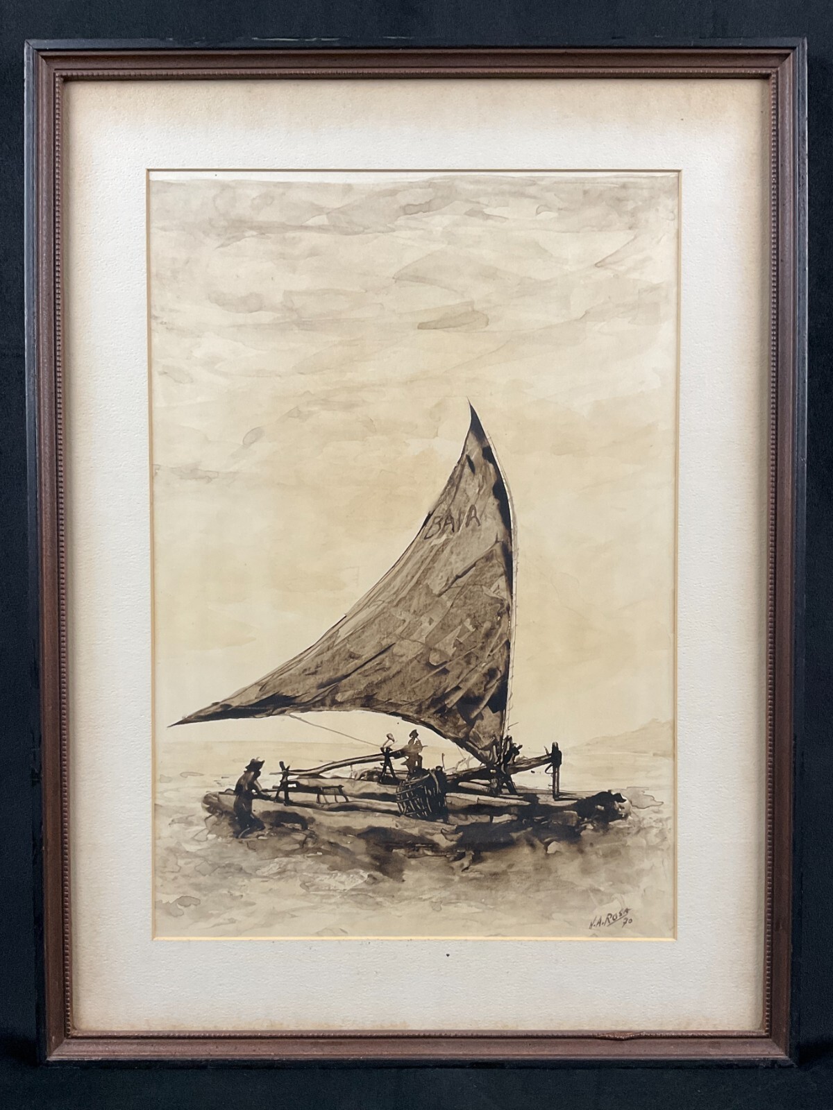 Vintage Framed Original Impressionist Seascape Watercolor and Ink on Paper