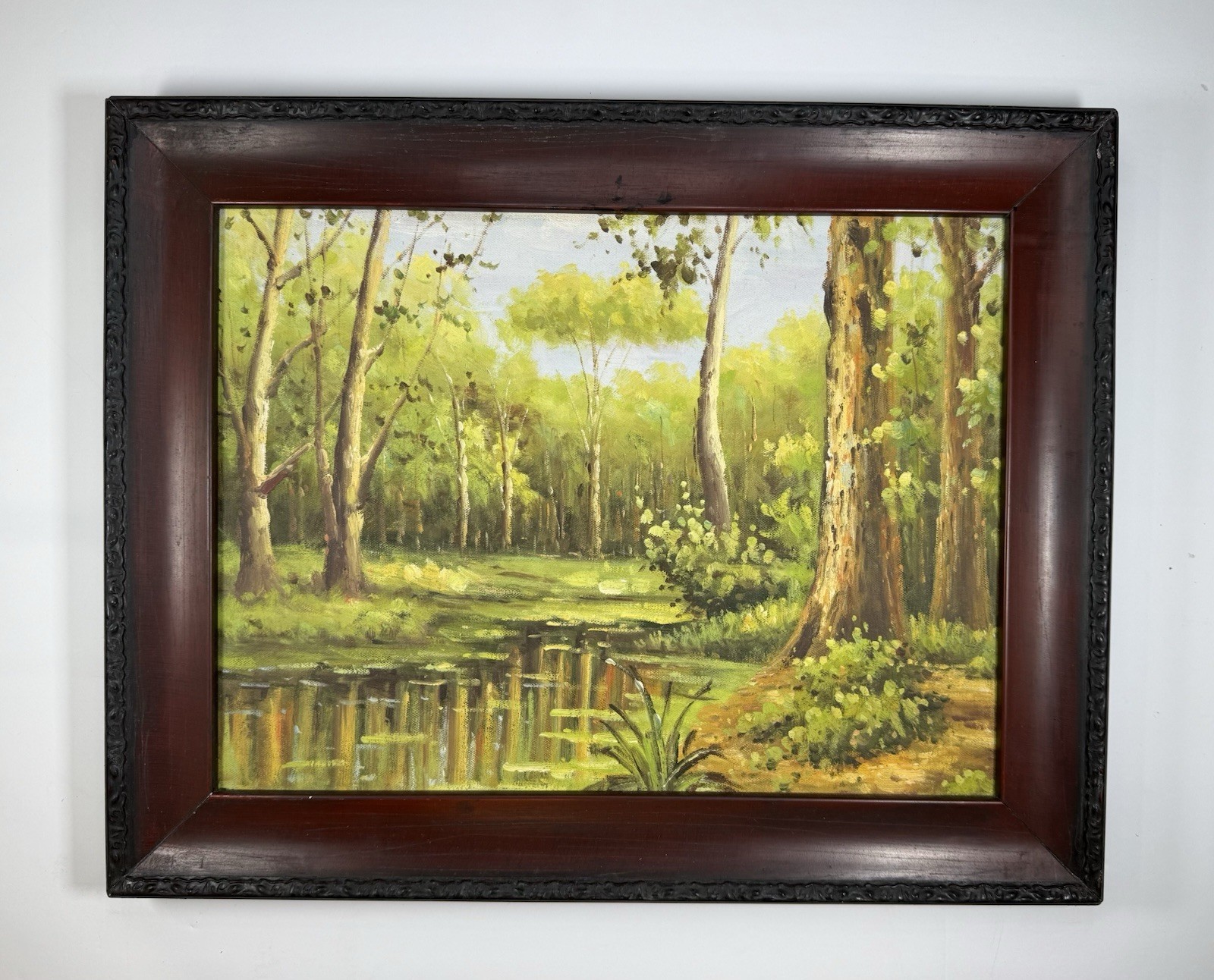 Vintage Woodland Forest Oil Painting With Pond From Spain 19×15 Cottage Core