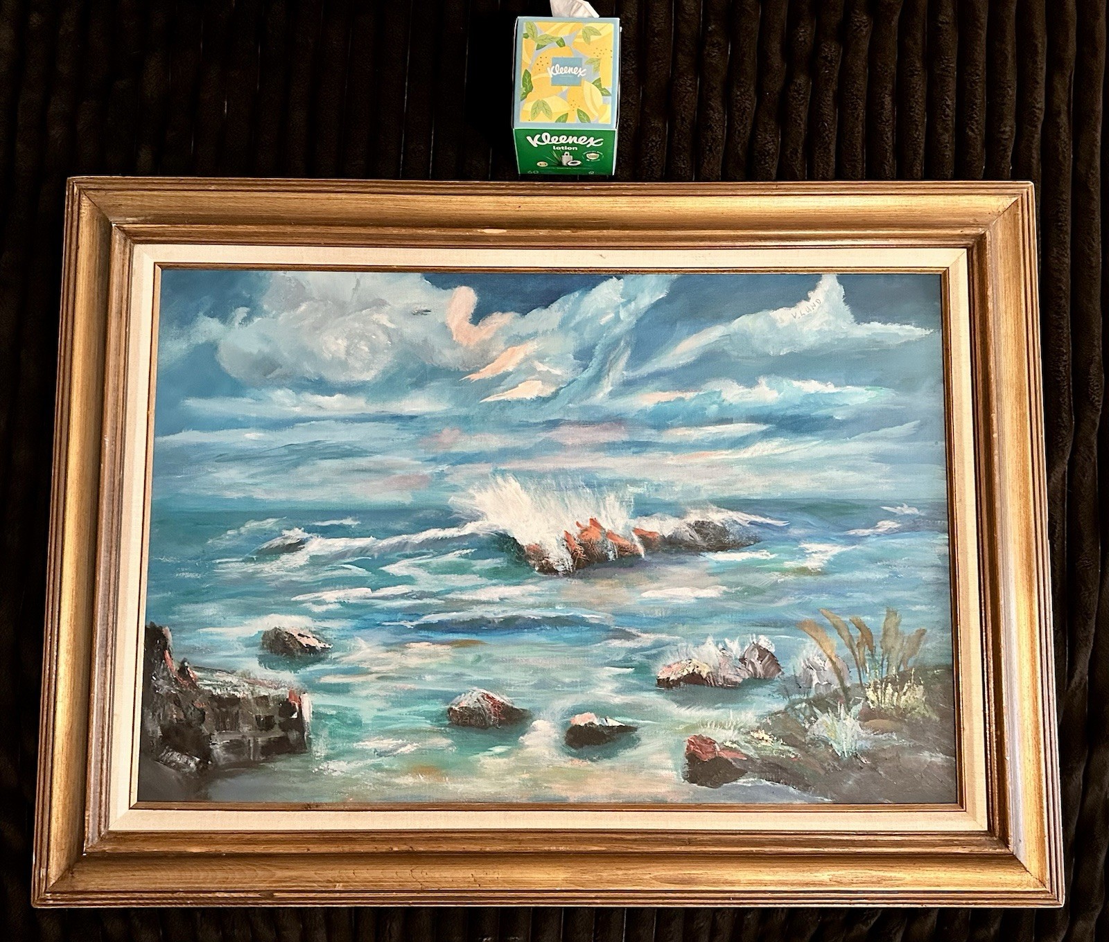 V. Lund – Oil Canvas Framed Painting – 32×44 (Sea, Ocean, Waves, Clouds, Rocks)