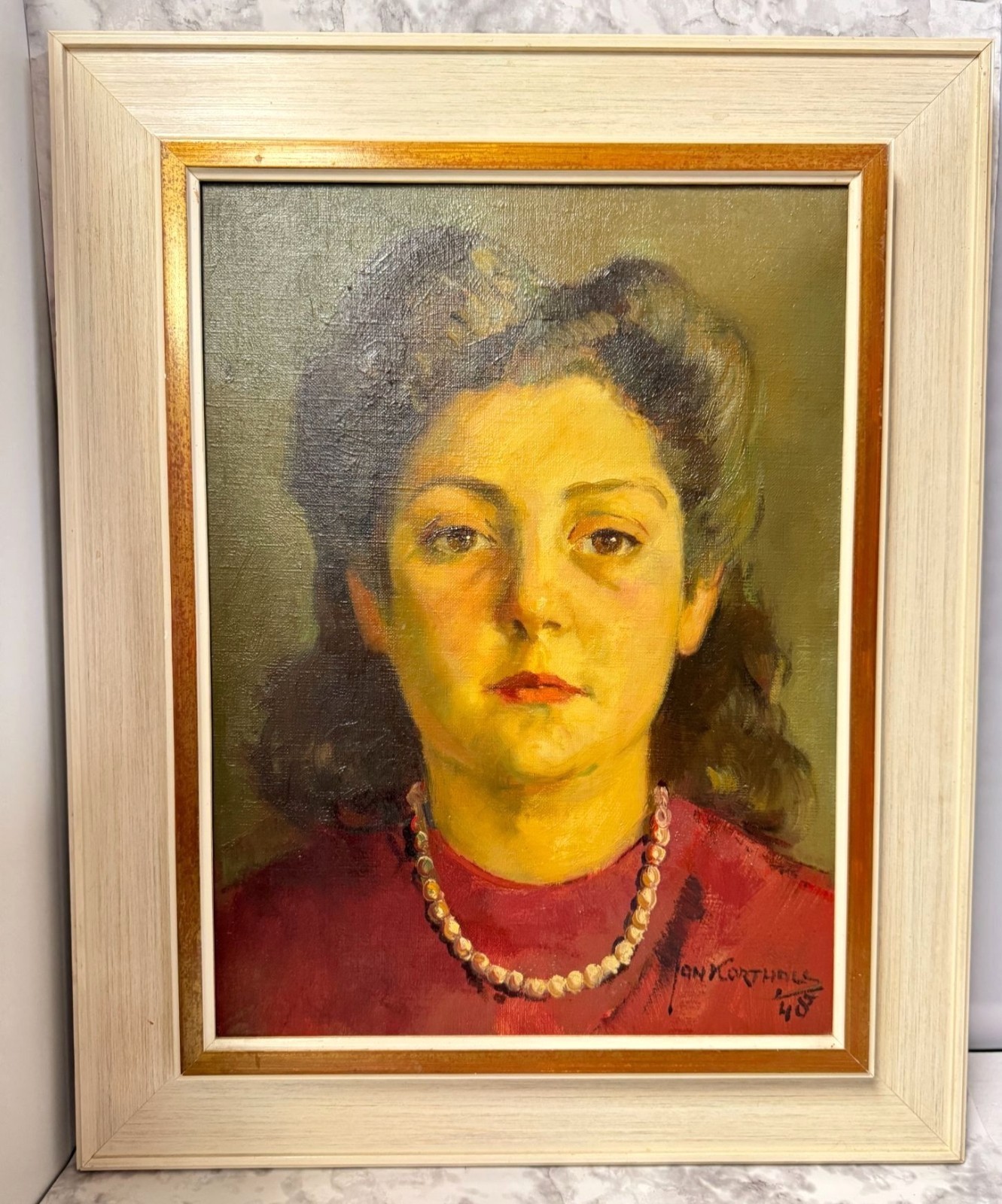 Vintage Jan Korthals Dutch Portrait of a Woman Oil Painting 1948