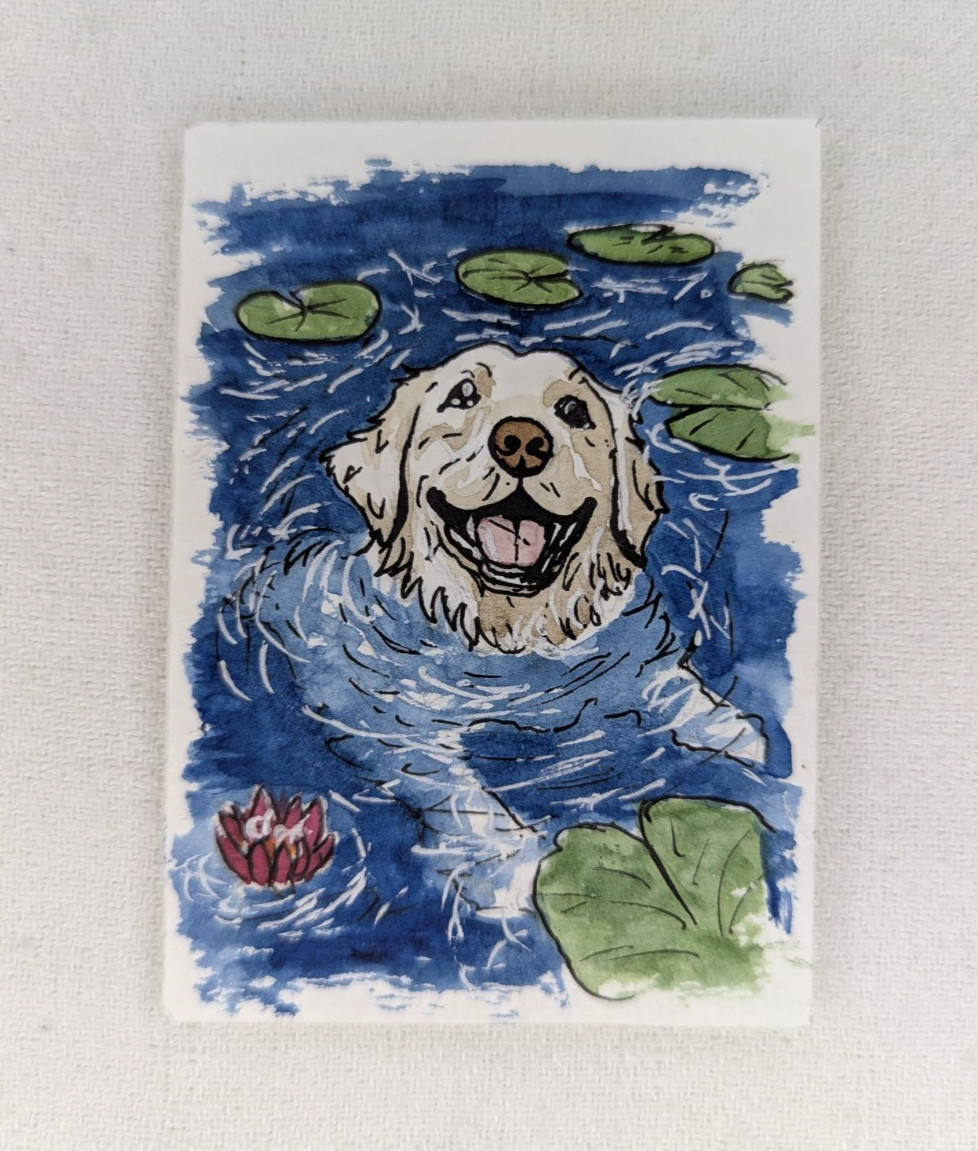 ACEO Original Watercolor Painting Golden Retriever Dog Swimming Water Lily OOAK