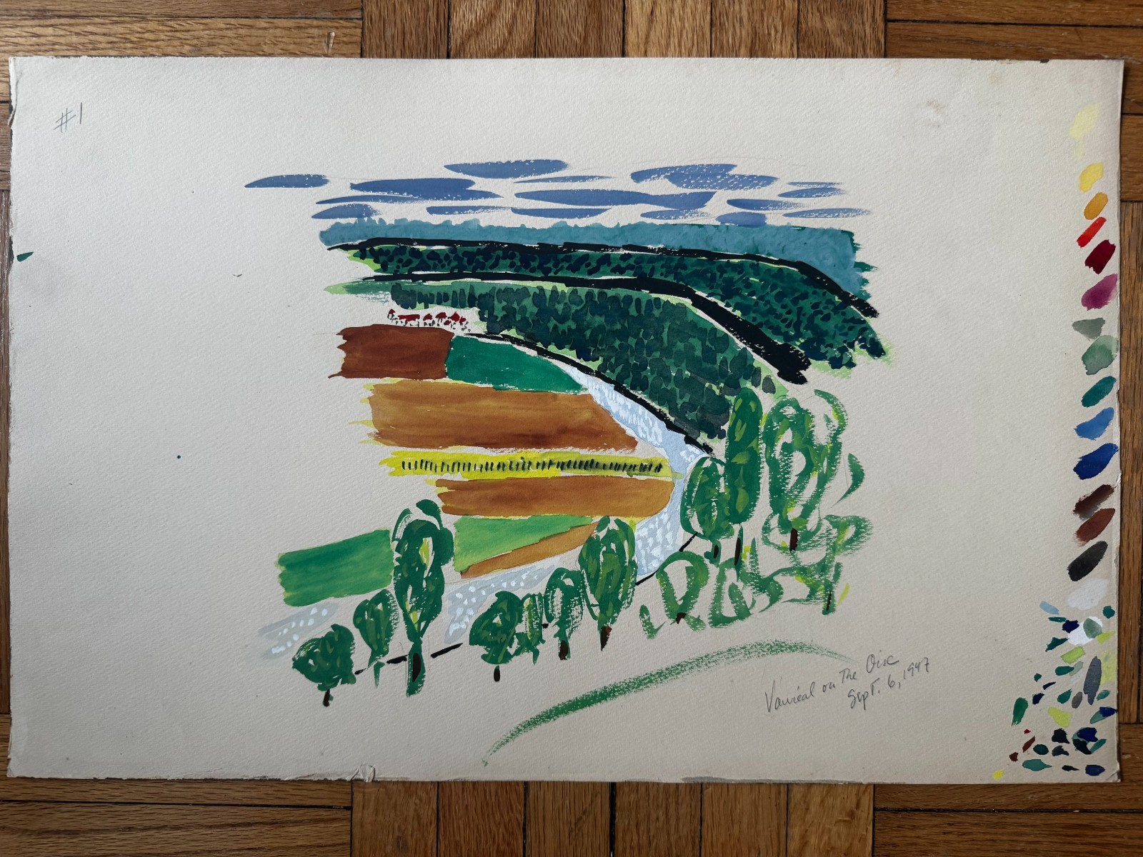 French 1940s Watercolor Gouache Painting Landscape Farms Trees 1947 12 x 19
