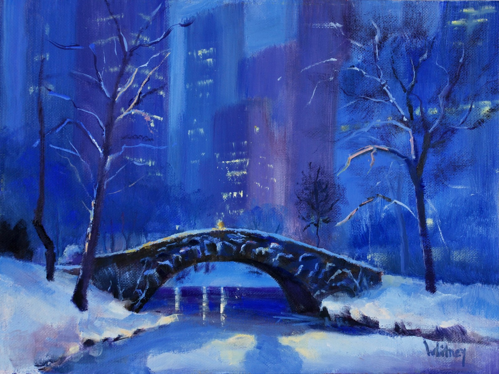 New York City Landscape Central Park Winter Snow Night Original Oil Sue Whitney