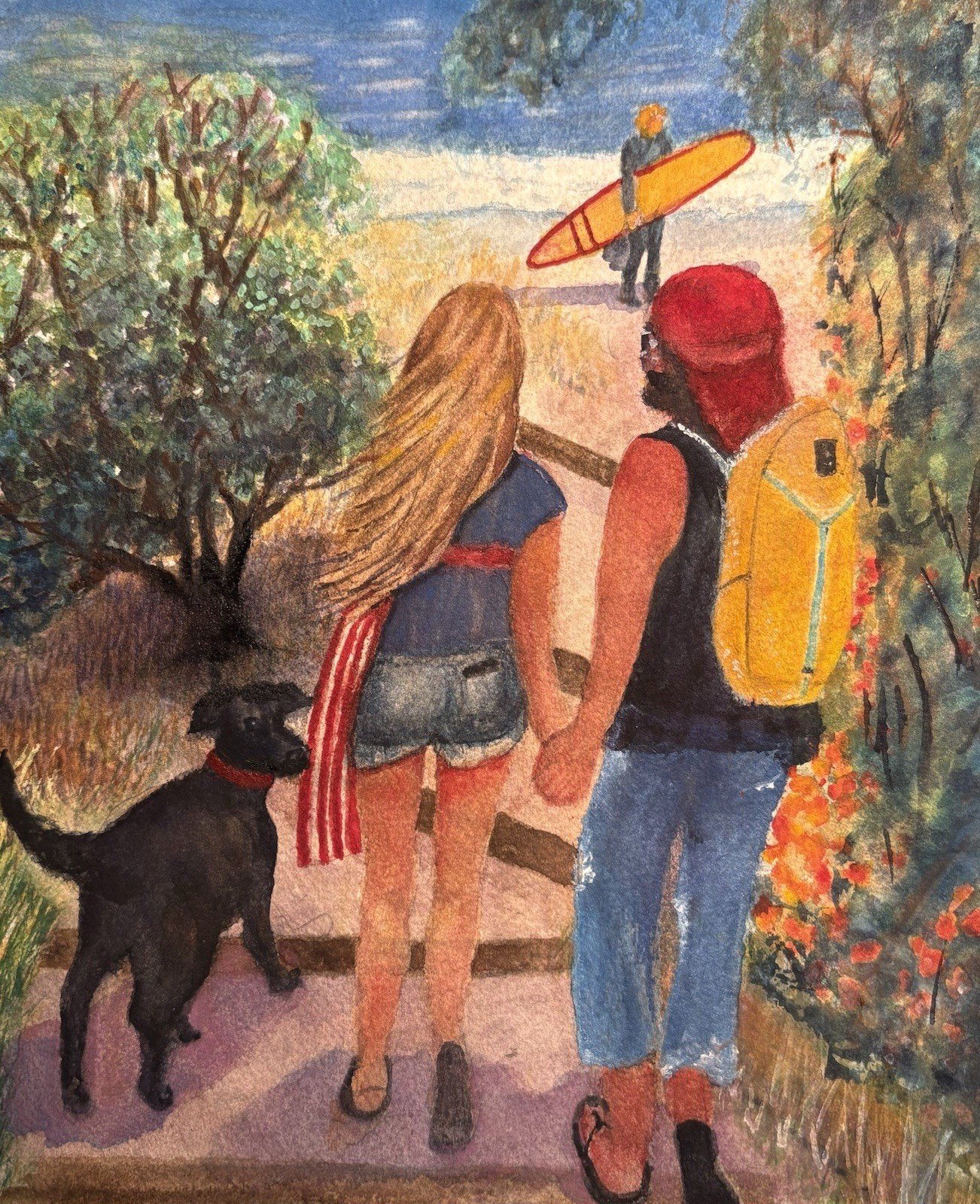 Original 8×10 Framed Beach People Ocean People Seascape Waves Dog Coastal Trail