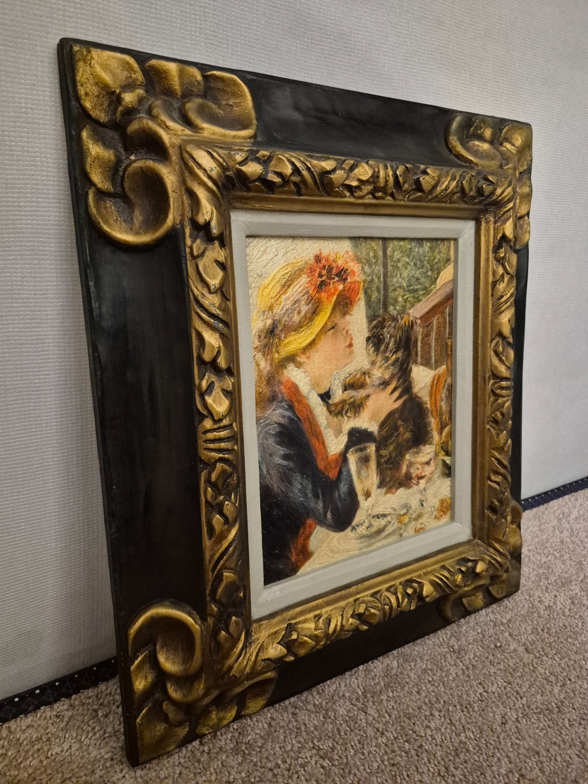 Vintage 17×15 Impressionist Style Girl With Dog Textured Art Ornate Gold Frame