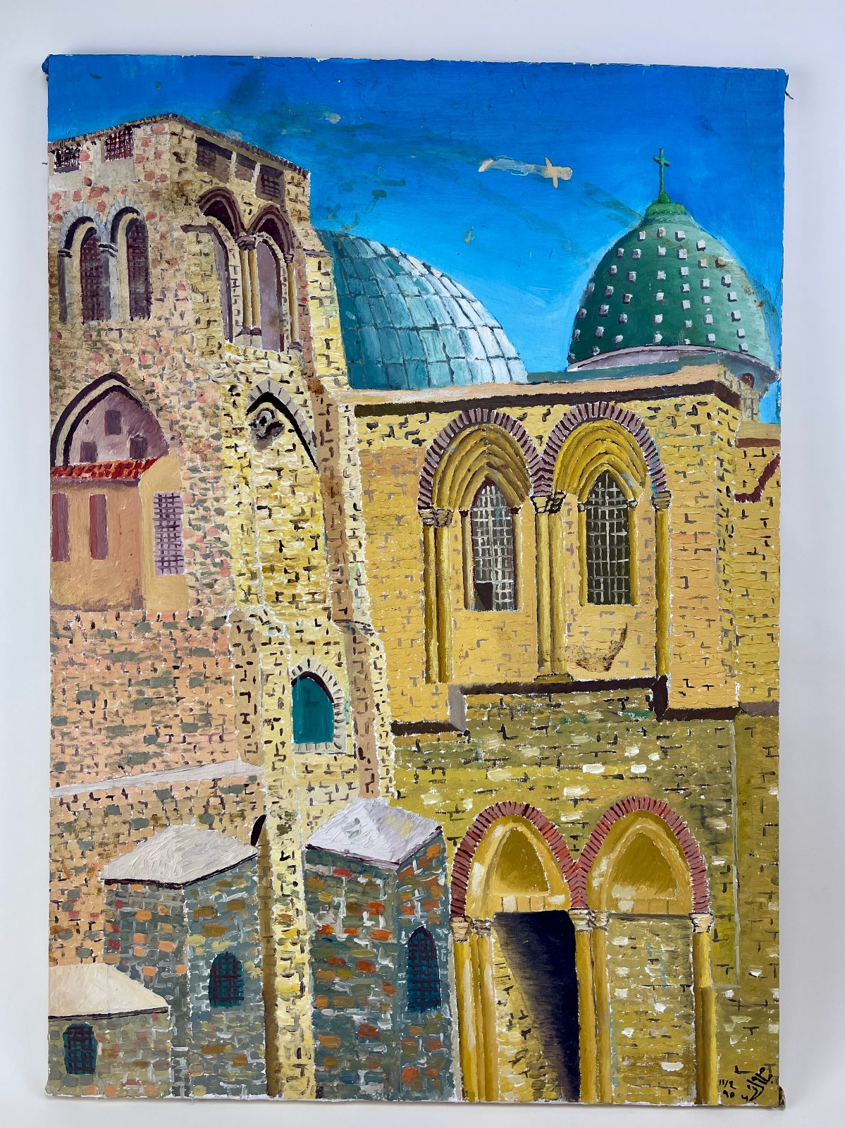 Vintage Folk Art Painting Church of the Holy Sepulchre Jerusalem Impasto Canvas