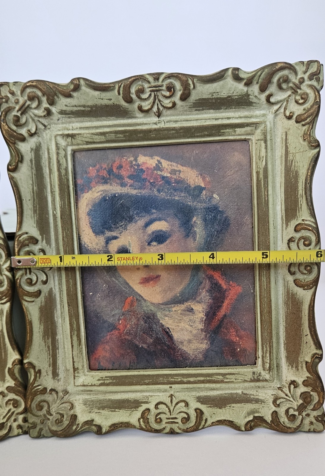 VTG Hulda «Suzanne & Annette» 2 Framed Art Portraits MCM Antiqued Cream & Green.