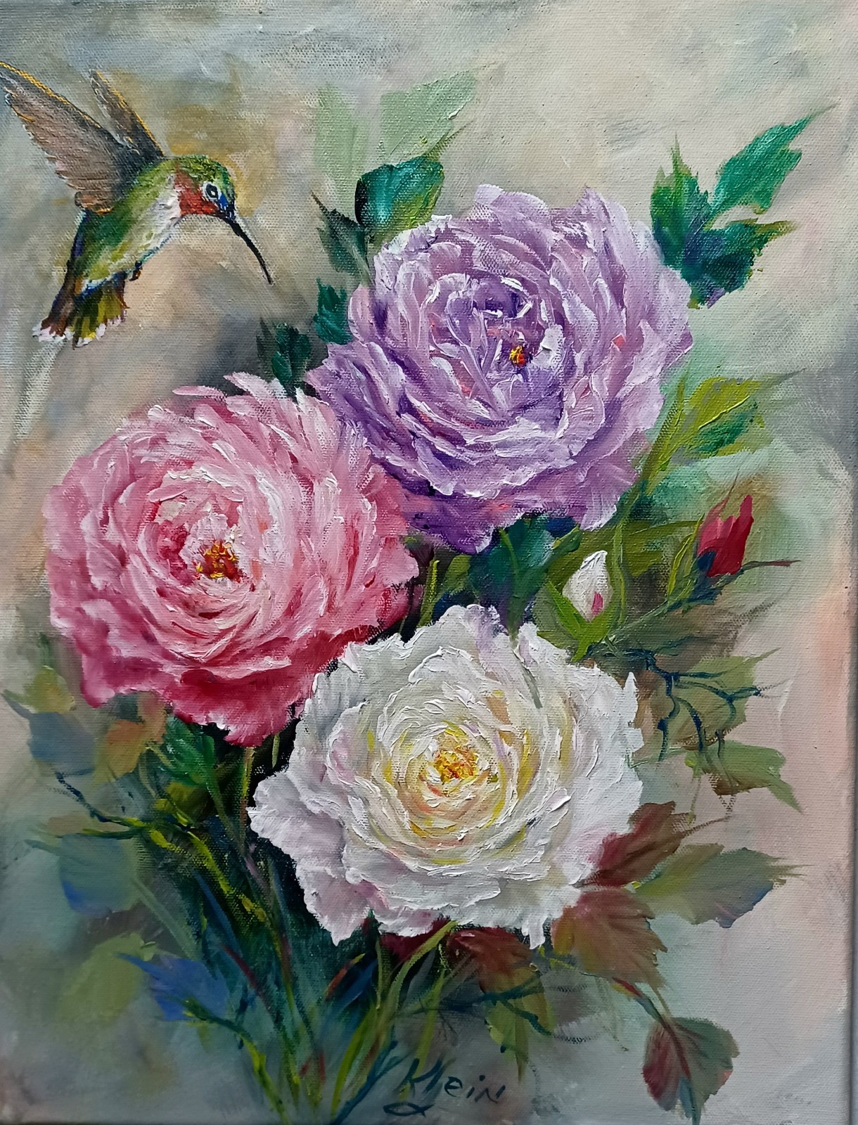 HUM AND MULTI-COLORED ROSES Original Floral 14×18 BIRD PAINTING BY ARTIST KLEIN