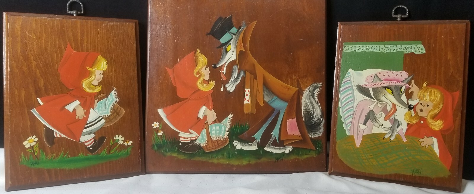 Little Red Riding Hood Signed Painting- 3 pc Set on wood 1966 VERY RARE