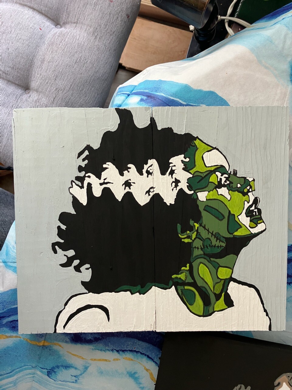 BRIDE OF FRANKENSTEIN HAND PAINTED HORROR ICON ON WOOD 10 X 11