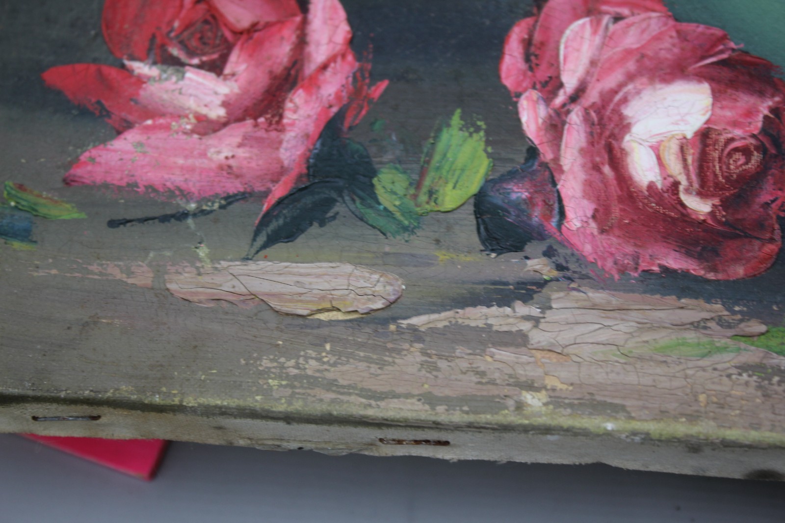 Vintage Original Oil Painting on Canvas Pink Roses in a Blue Vase 16×20” Vintage