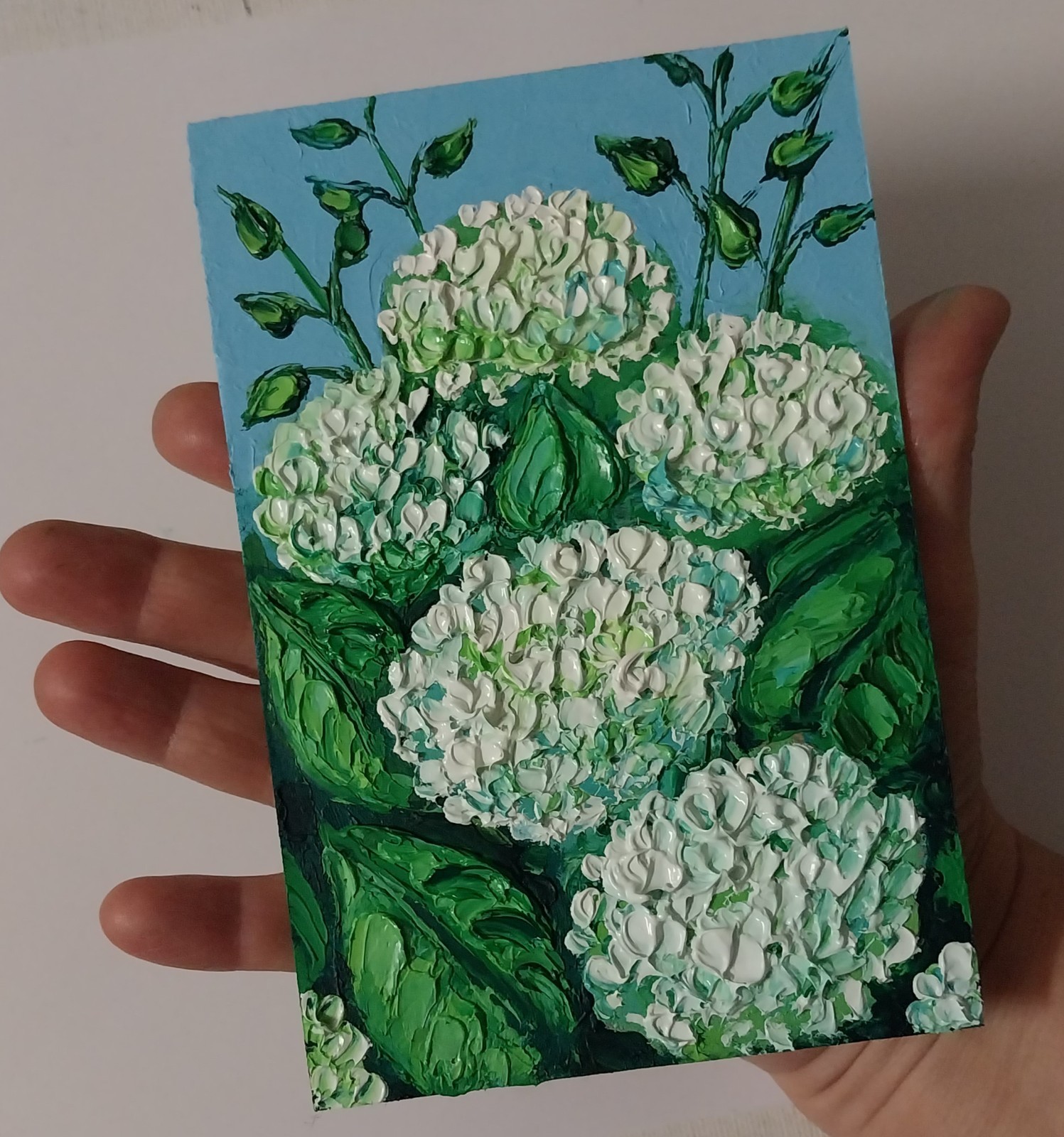 Framed White Hydrangea Flowers Garden Flowers 4×6” Impasto Oil Painting Original