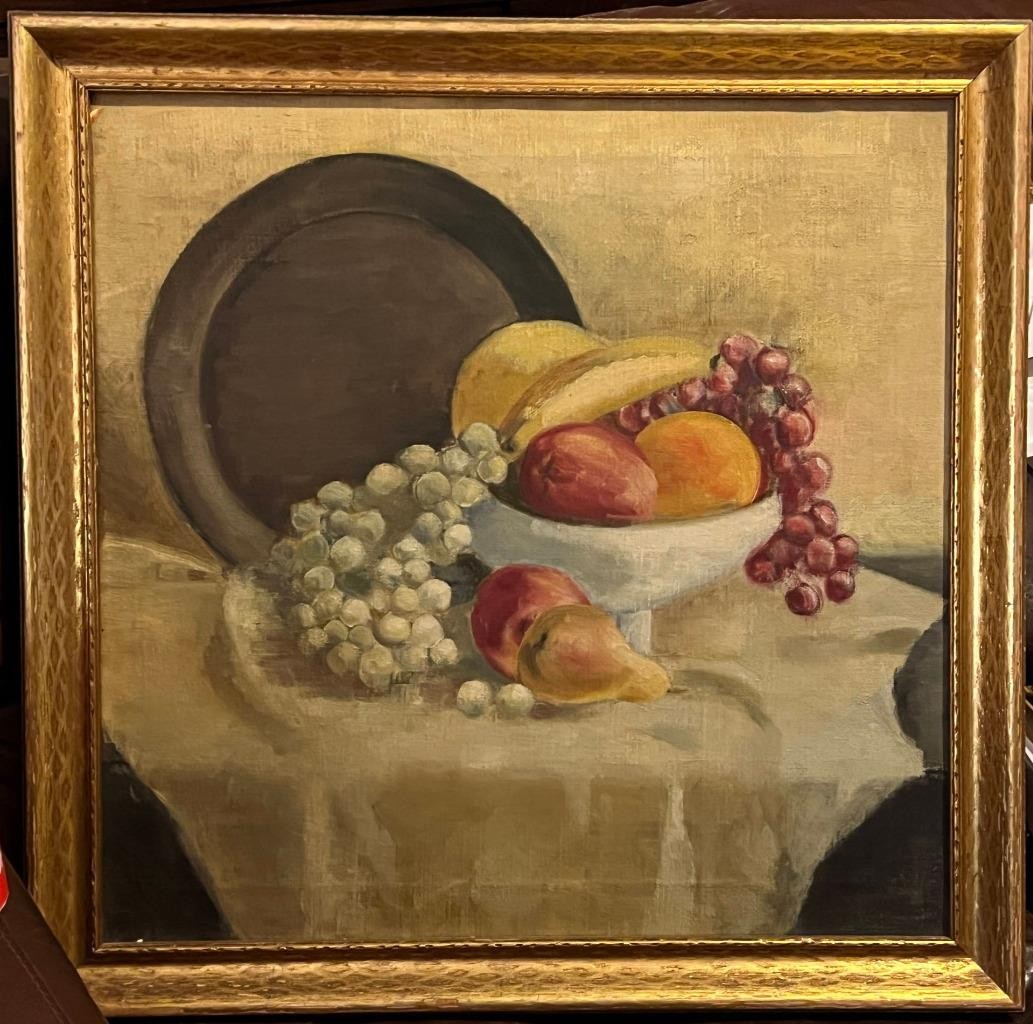Antique Old American Original Oil Painting Still Life Art Fruits & Pewter Plate