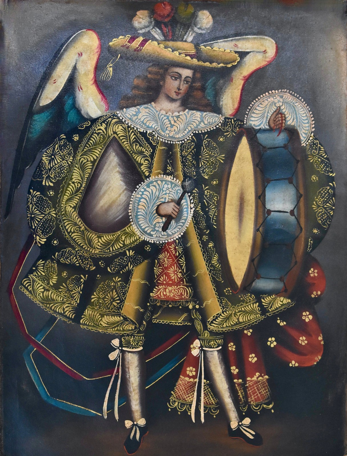 Vtg LOVELY ~ Archangel Angel MUSICA DRUM Cusco School Peru Original Oil Painting