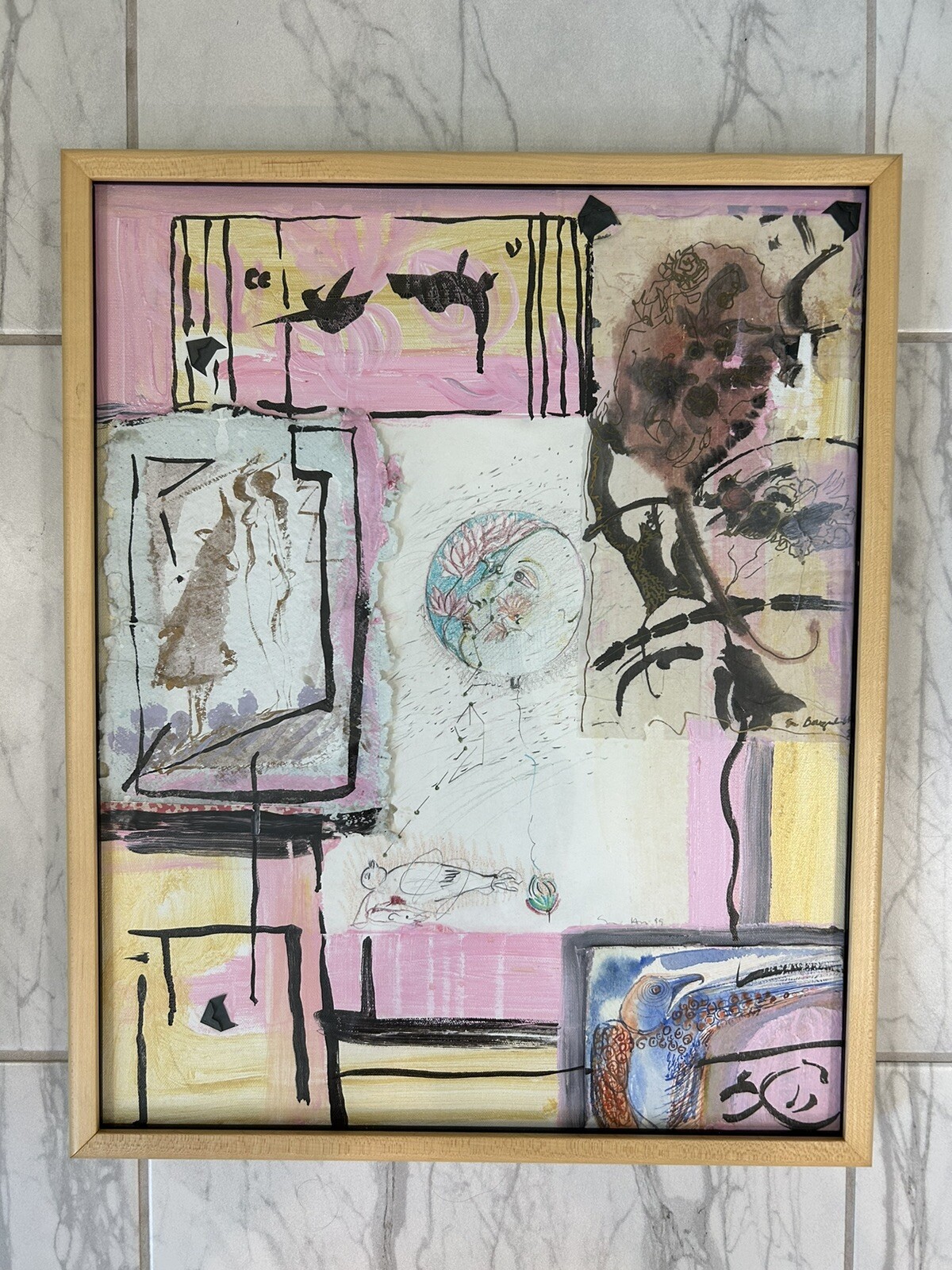Vintage Abstract Painting Mixed Media Collage Art Framed