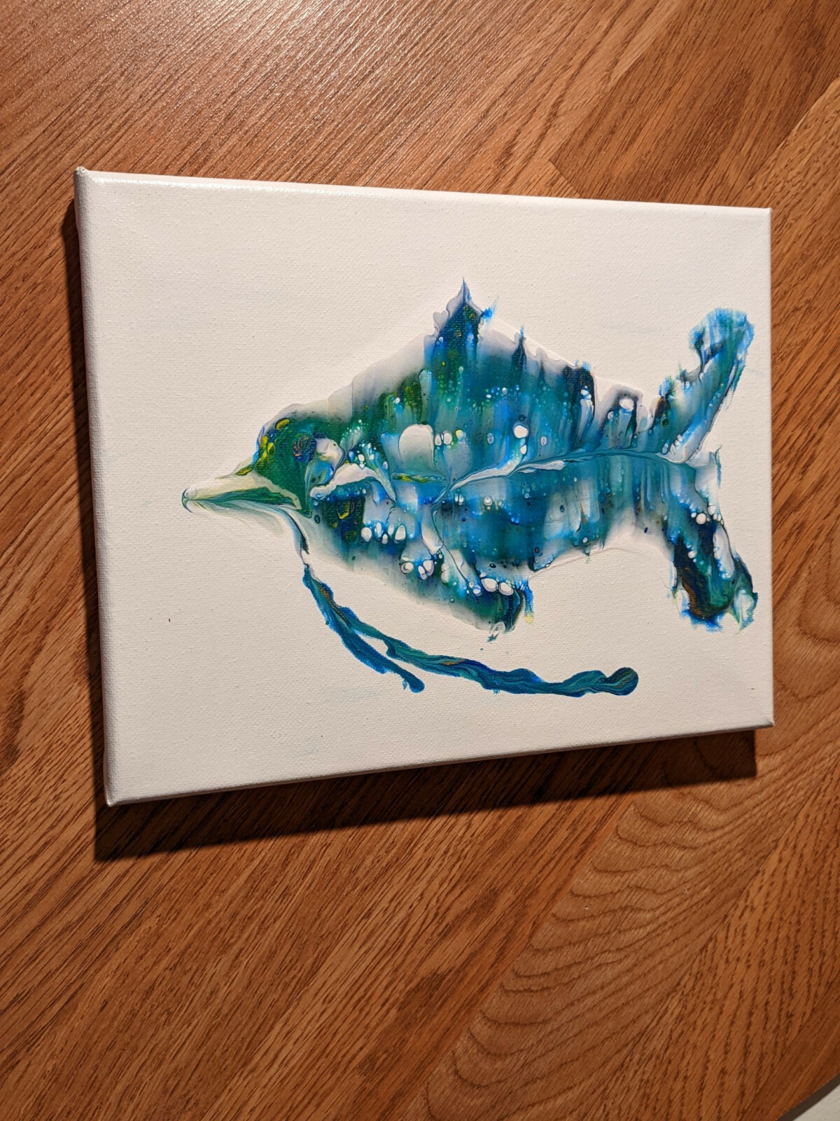 Artisan Original Acrylic Fluid Pour Art Of Fish, 8×10 Titled Bird Fish, Metallic