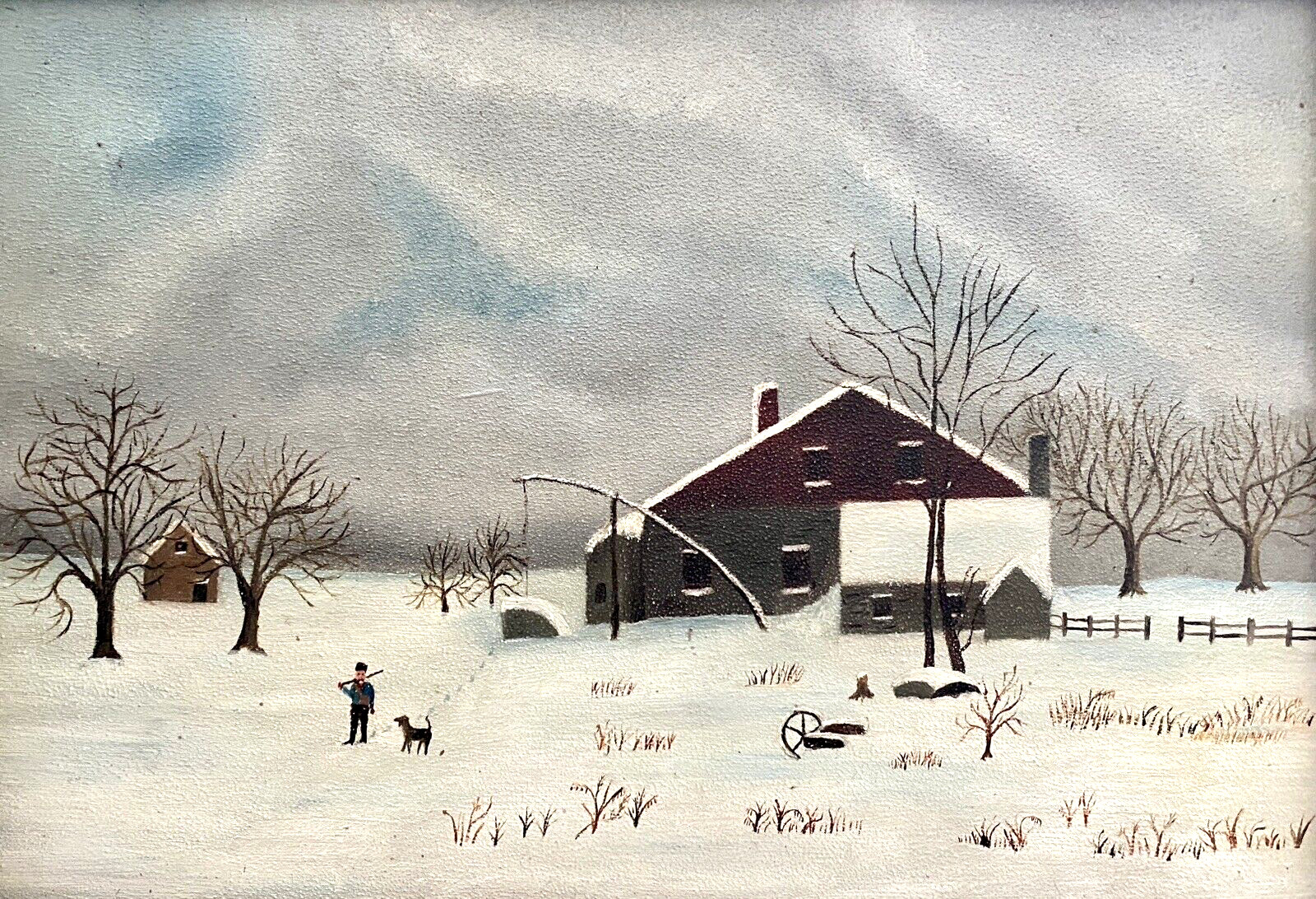 Vint. Orig. Art, Charming Primitive Winter Snow Scene-Master & Dog, Oil, Framed