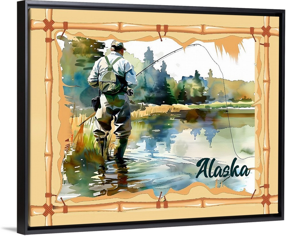 Fly Fishing Alaska Travel Poster Prints Canvas or Framed Fish For Salmon Trout