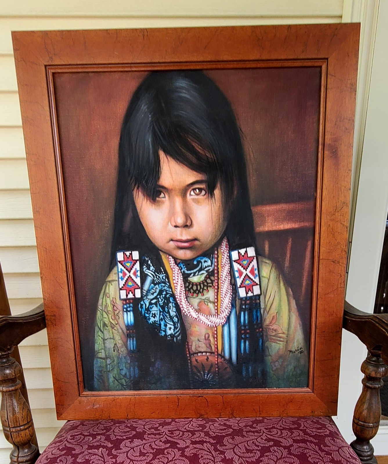 VTG 1980 Signed Michéal Original Oil Painting – Native American Girl Portrait