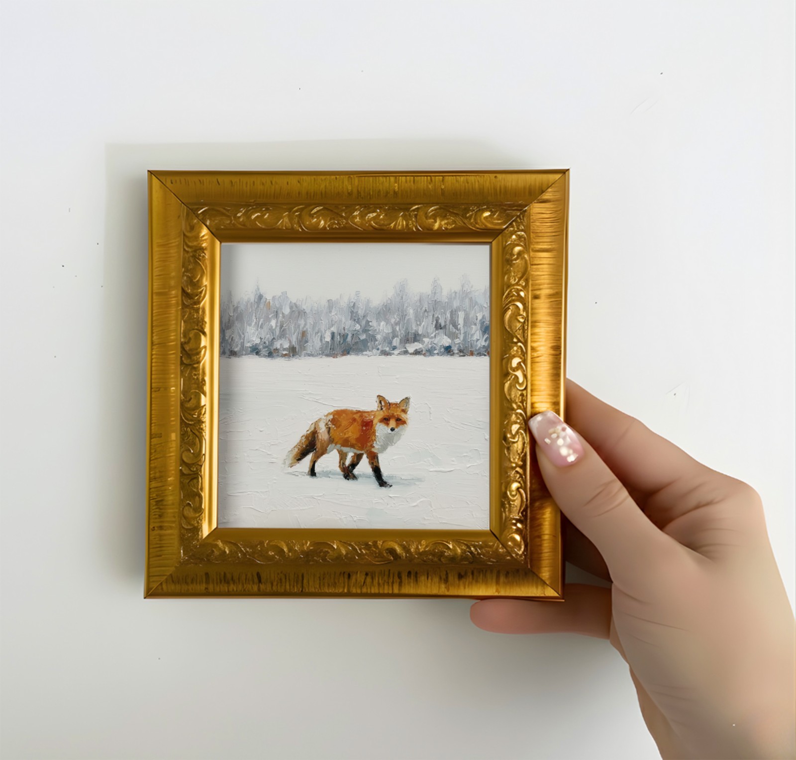 Fox on Winter Painting on Gold Framed Hand Painted Stiil Life Art 5×5