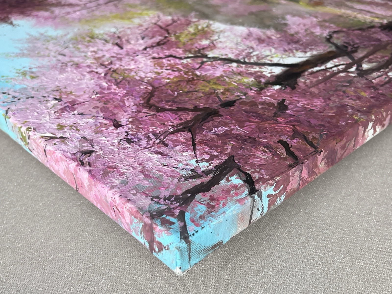 Large blossoming Sakura park with bridge, Cherry tree colorful pink blossom ART