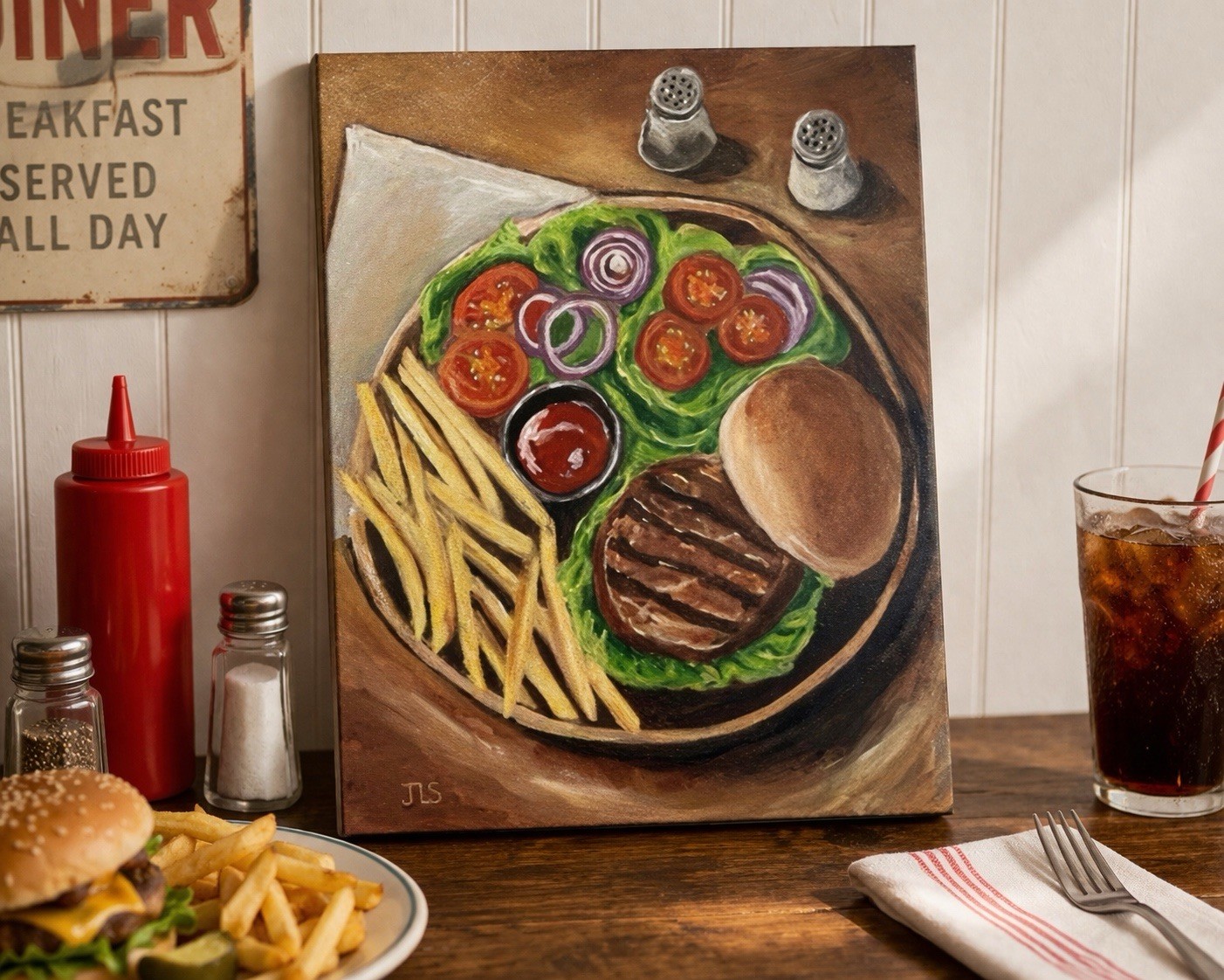 Hamburger Painting Kitchen Wall Art Diner Food Decor Burger Fries Canvas 16×20