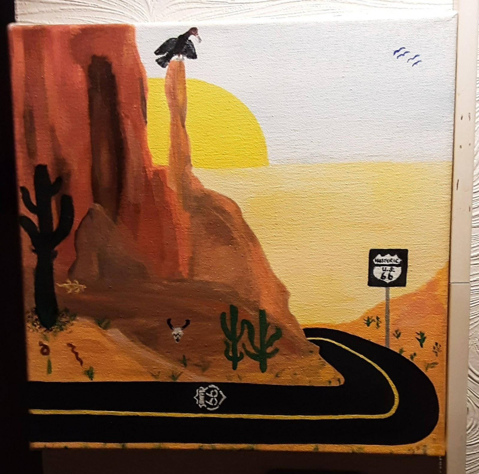 (OOAK) Desert Highway Route 66 Acrylic Painting Cactus Vulture Sunrise