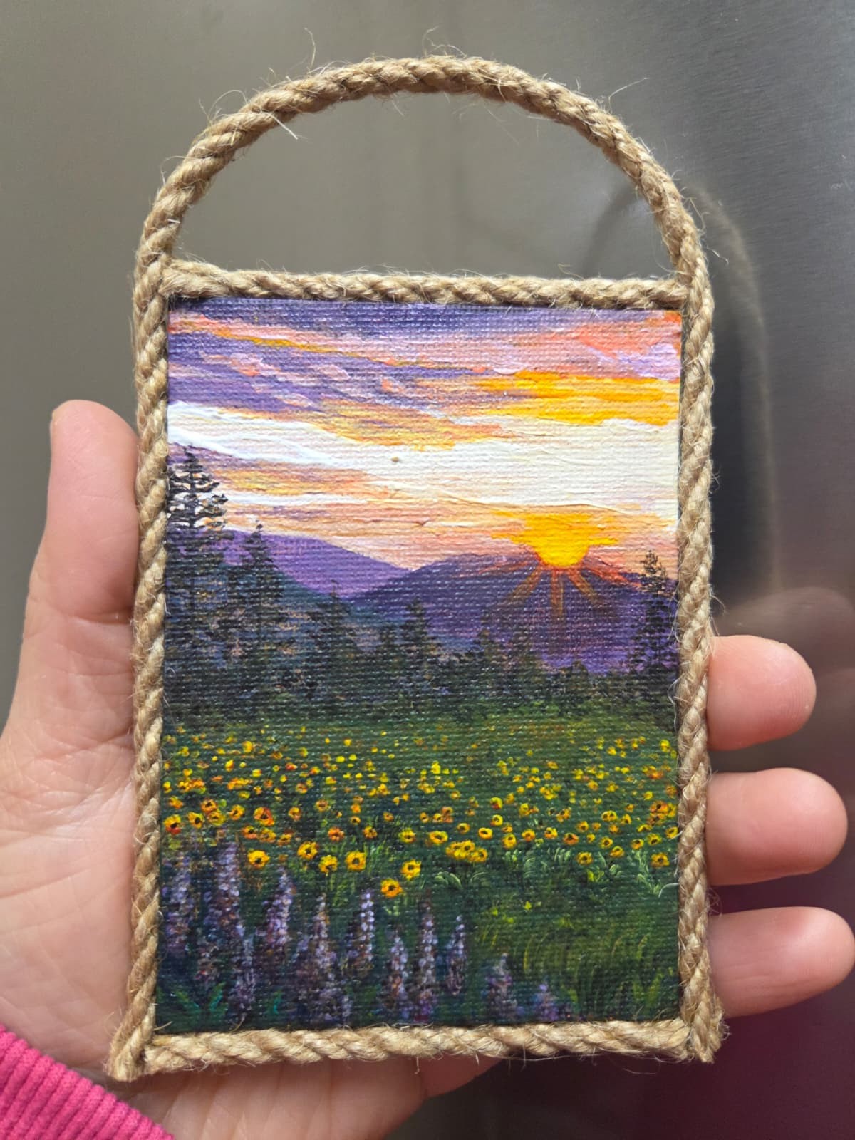 Original Wildflowers Sunset Mini Canvas Acrylic Fridge Magnet Painting 4.2×3 In