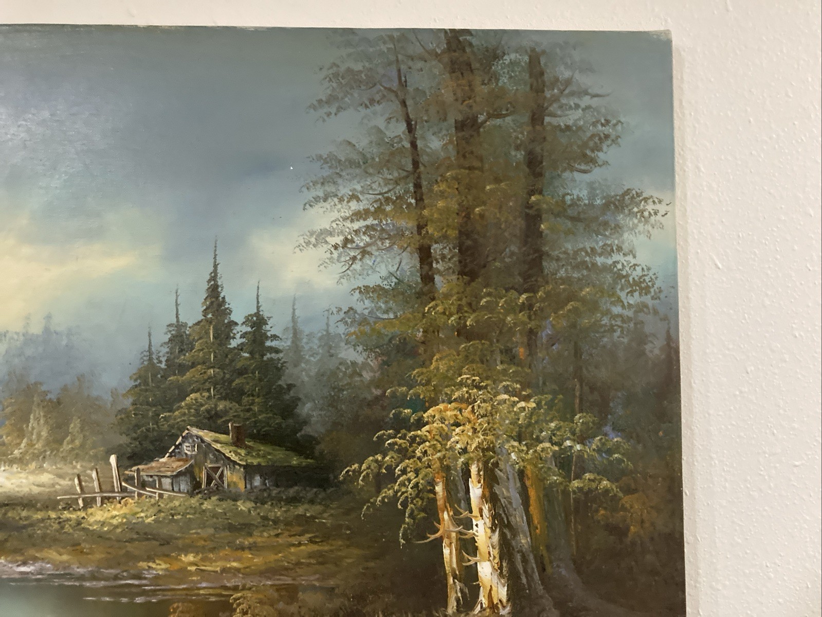 Oil On Canvas Painting, Cabin in Forest Landscape, 20 X 24 Artist Sign Vintage