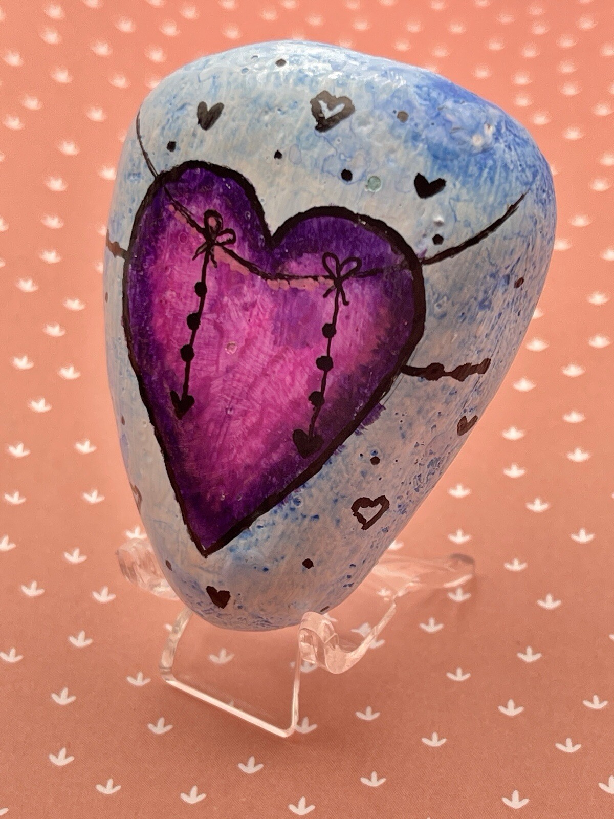 Cute Watercolor Heart with Dangling Charms, Unique Gift, Painted Rock