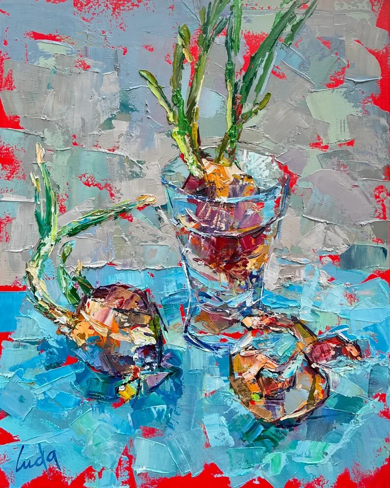 Kitchen Art Still Life of Spring Onions Oil Painting on Canvas Size 20×16 Inches