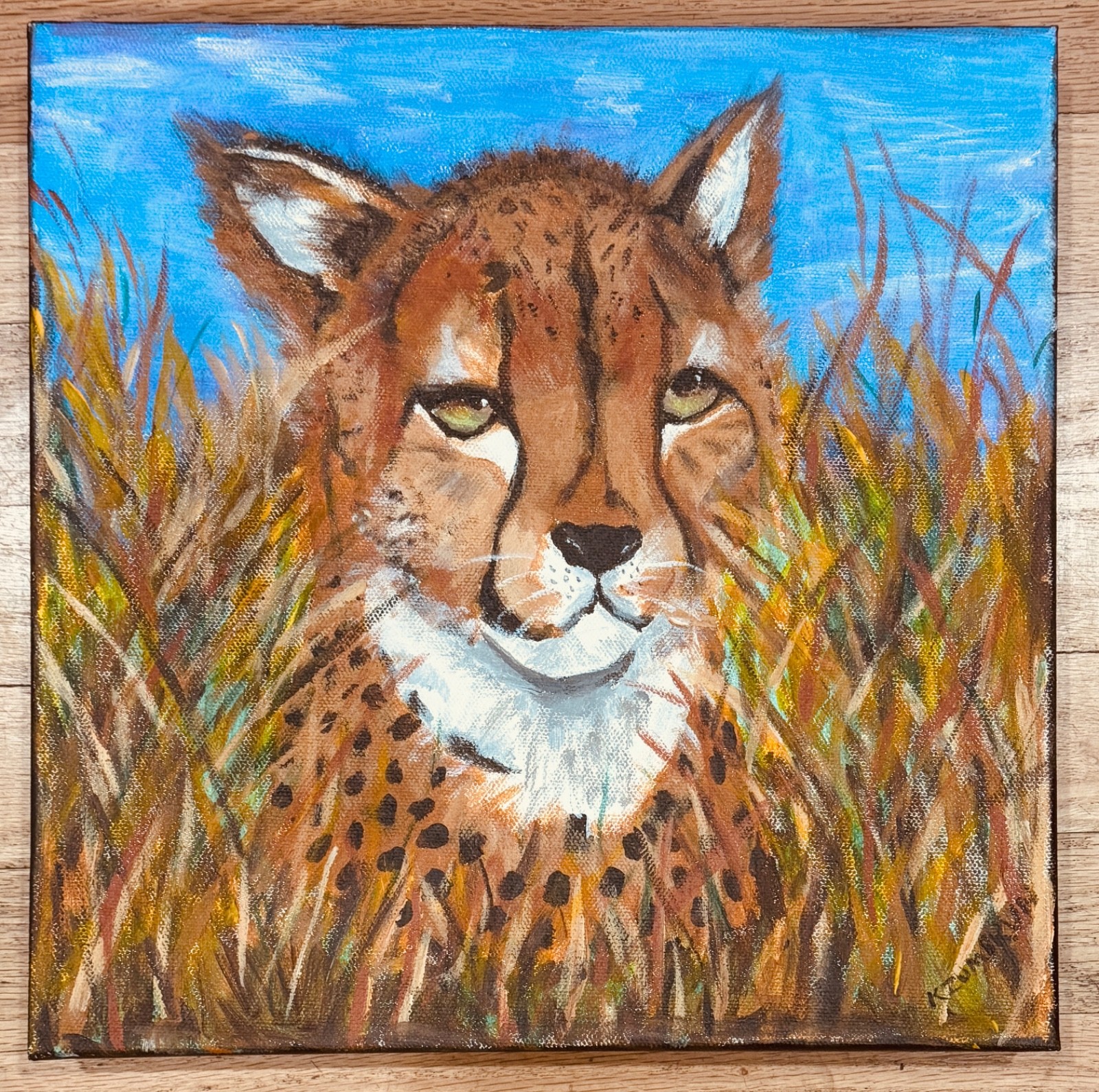 Original Oil Painting Watching from the Grass Cheetah By Karen Zumbrun 12″x12″