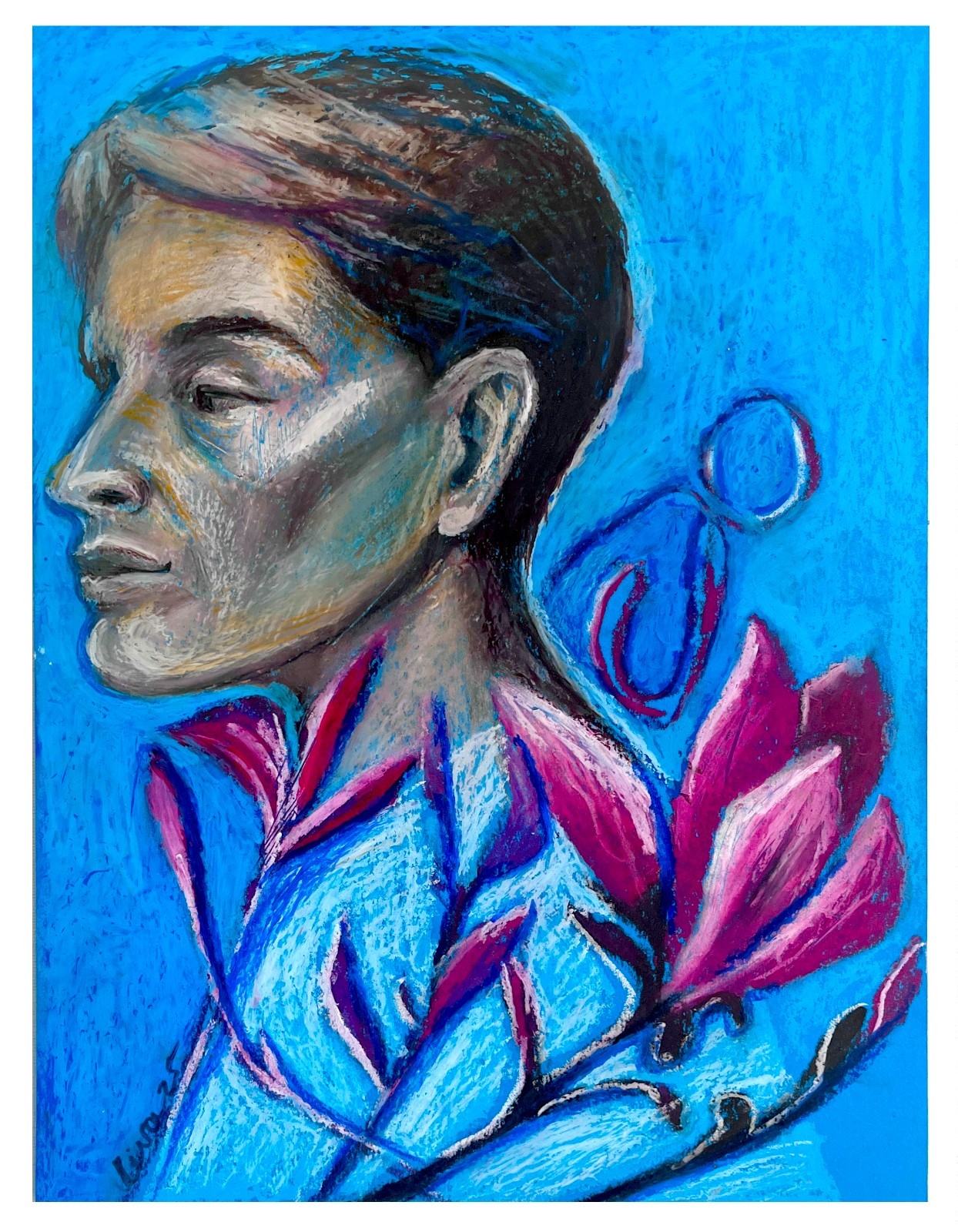 Original Oil Pastel Painting – Man with Pink Magnolia Flowers by Lena Iv