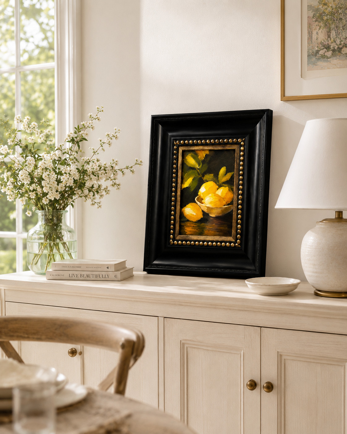 Lemon Still Life Impasto Textured Canvas Print Framed Black Gold Wall Art