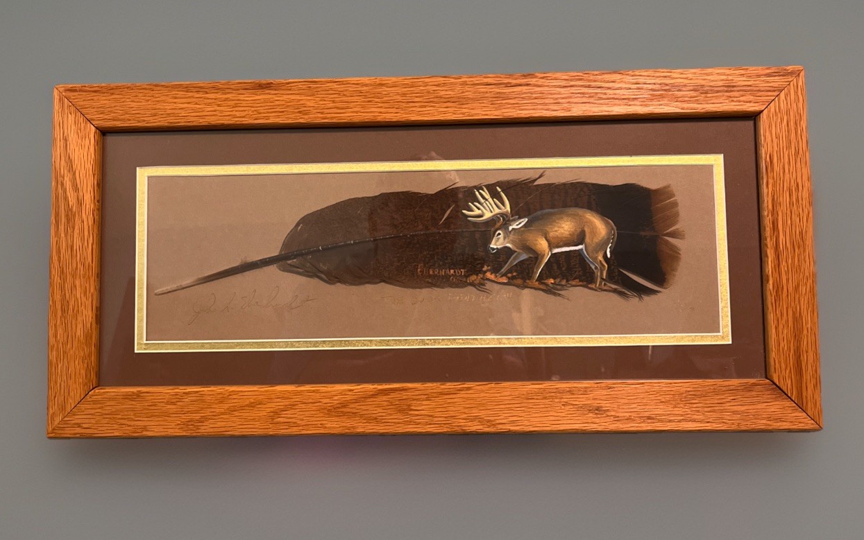 John Eberhardt Turkey Feather Painting “THE BUCK FEATHER” 22.5”X10.5” Frame 2006
