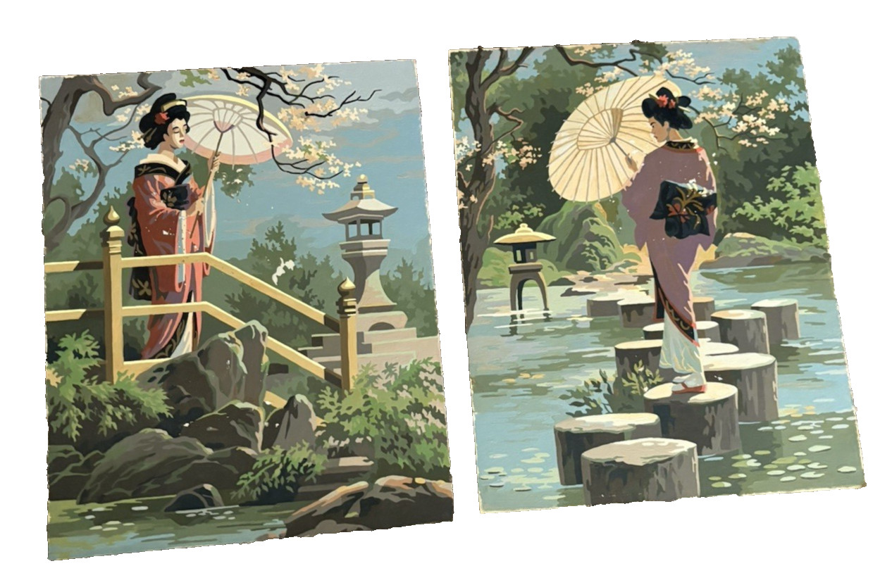 Pair Set Two 2 Vintage MCM Geisha Girl Woman Landscape Garden Painting PBN Art