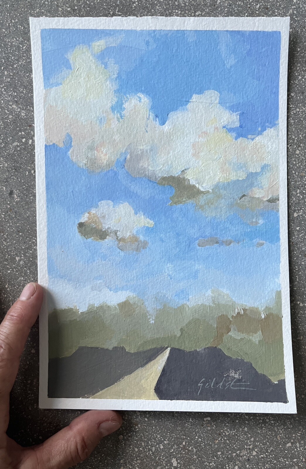 Original Cloud and Fields Landscape Painting on Watercolor Paper Signed Fine Art