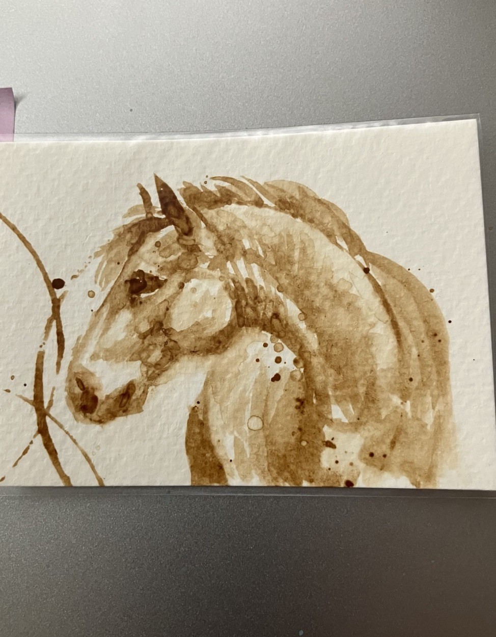 Original Coffee Horse Realism Painting Miniature Western ATC Art Gift USA Ettina