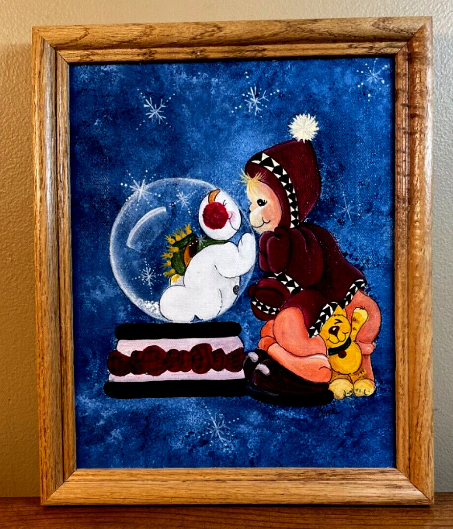 Vintage Acrylic Painting: Snowman & Young Child Sharing a Moment, Signed /Framed
