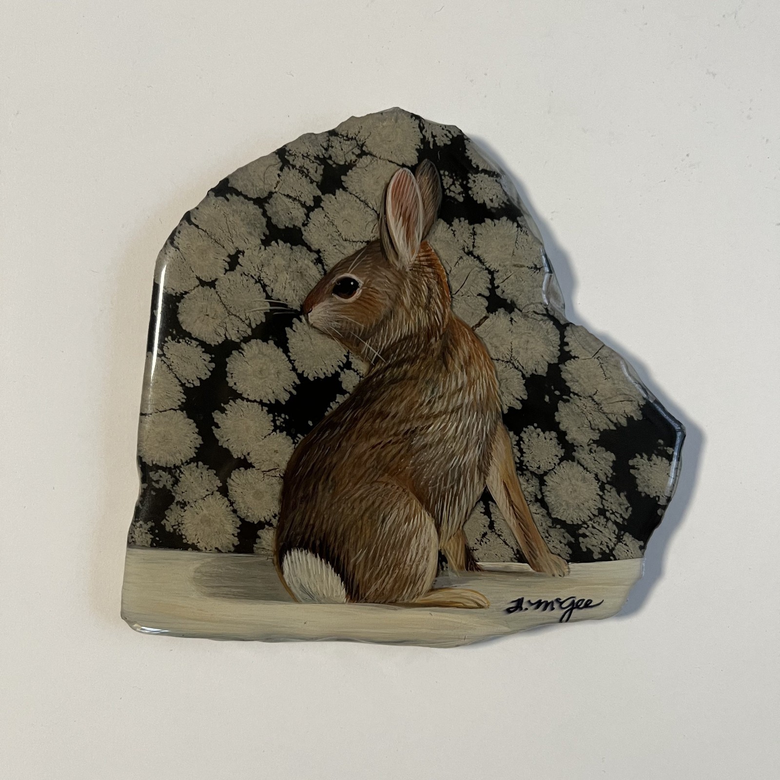 Heather Haynes McGee Painting Rabbit on Snowflake Obsidian