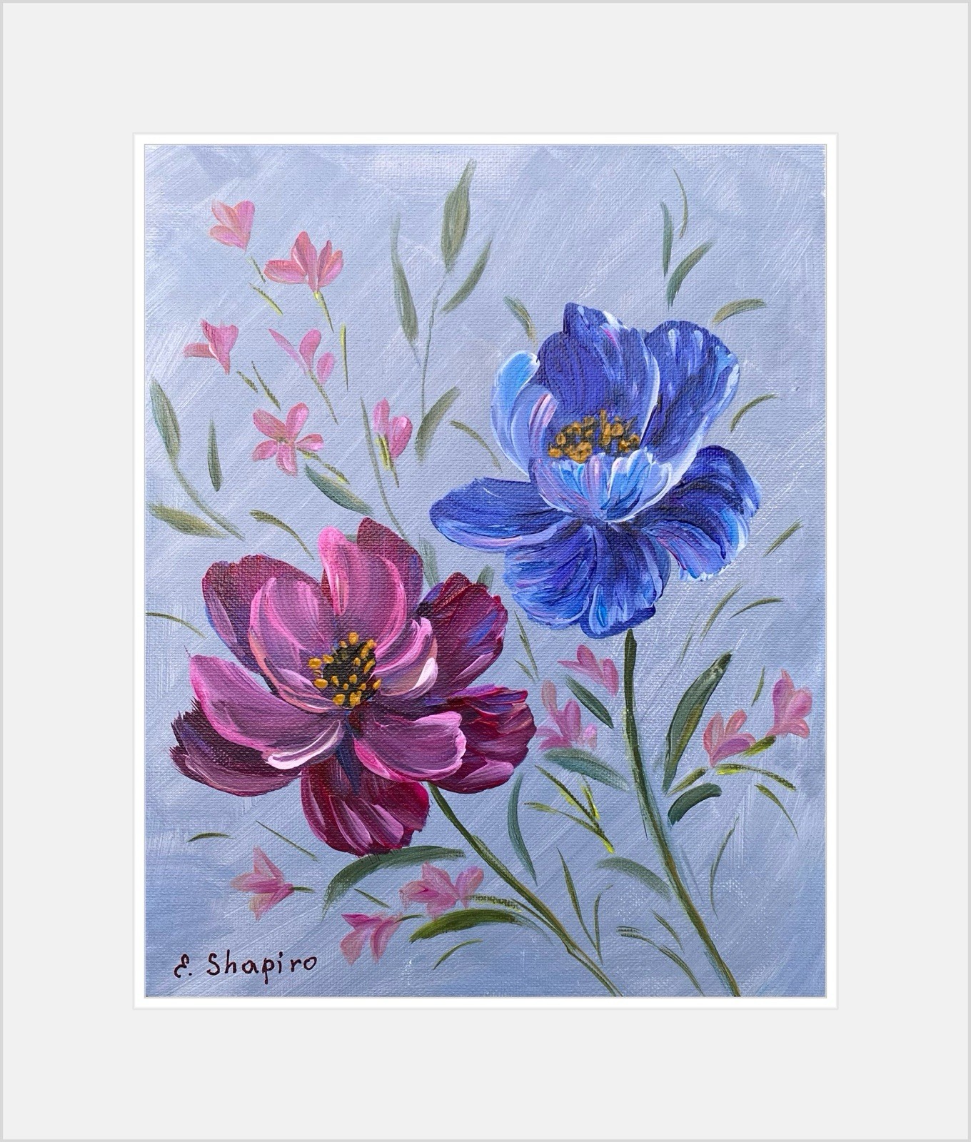 Cosmea Acrylic Painting Pink Blue Flowers Wall Art 8×10 Floral Wall Decor