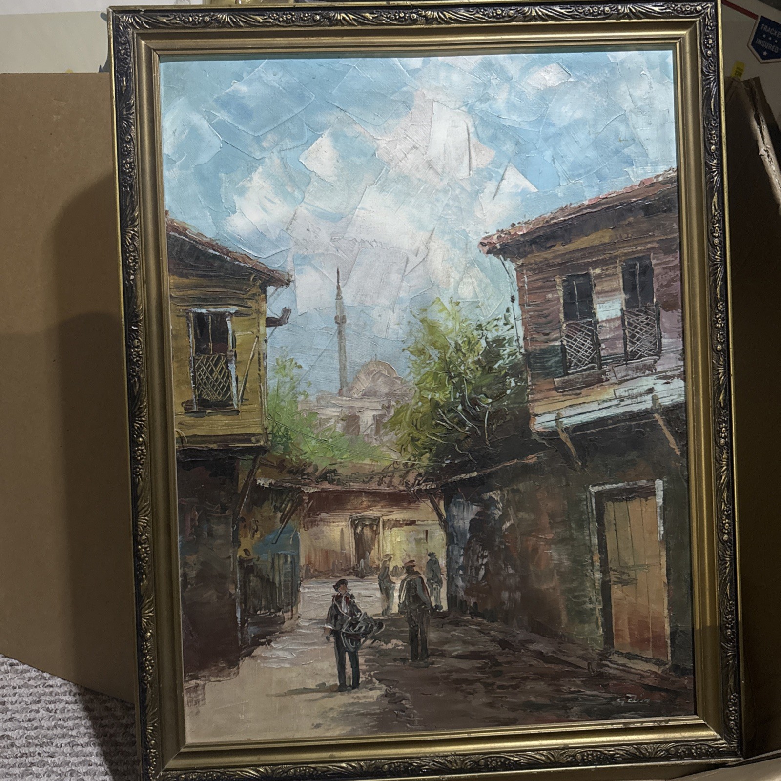 oil painting on Canvas With Frame 20 X 25.5 Old Town Village