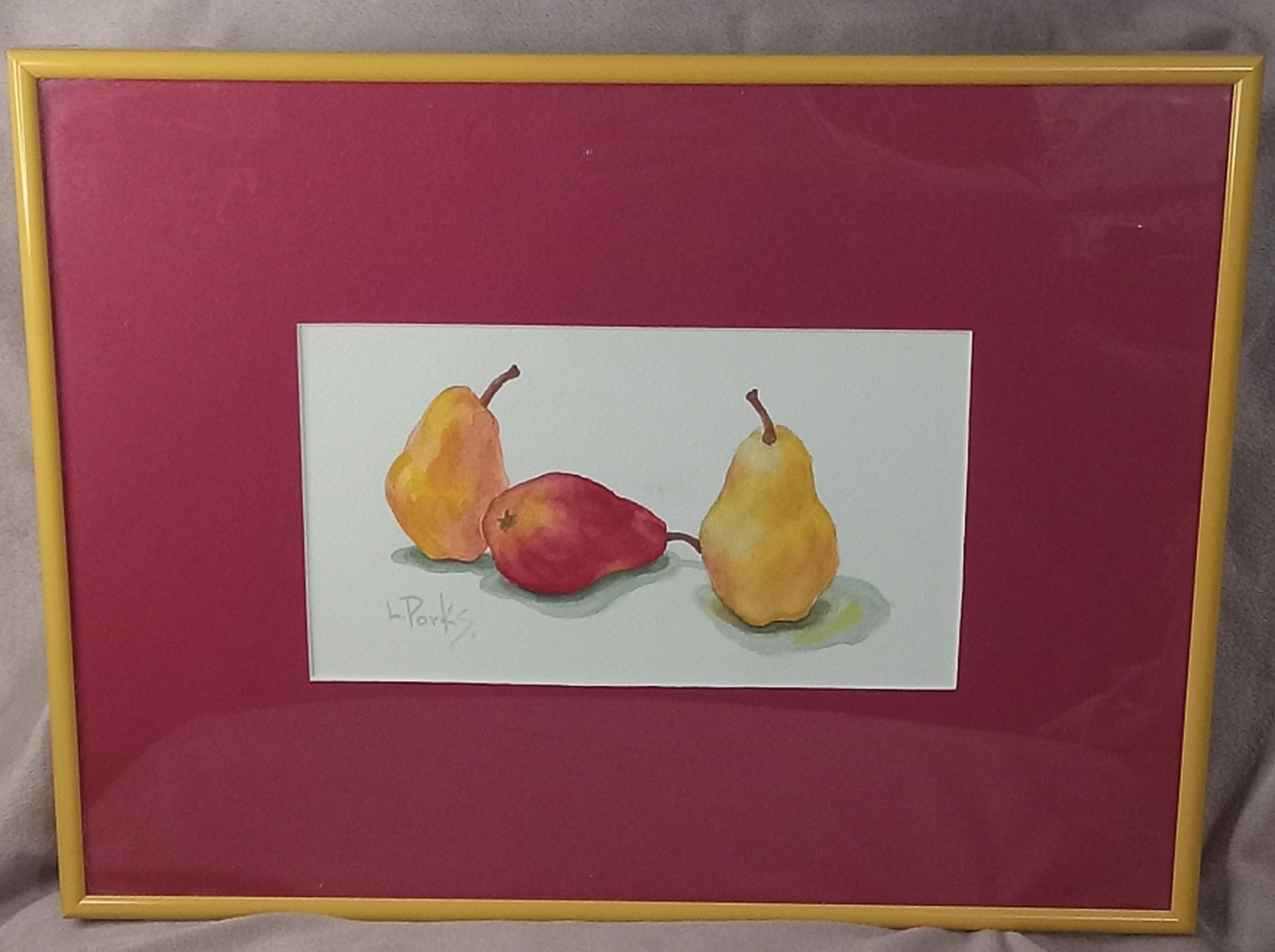 Original Watercolor By LILIAN PARKS, 3 Pears Signed Front And Back and FRAMED