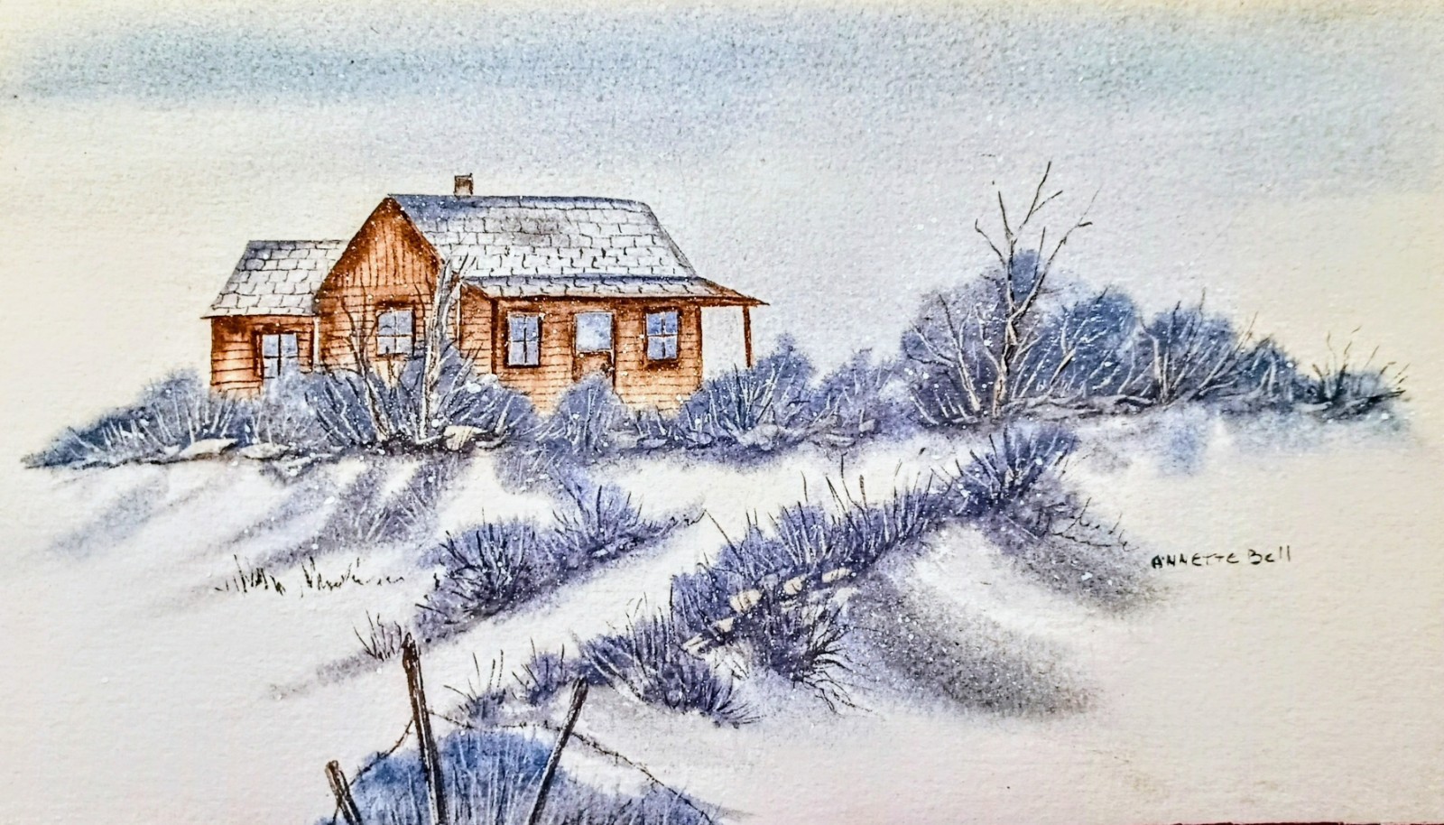 Annette Bell Untitled Watercolor *Rare* Cabin In Snow 1970s