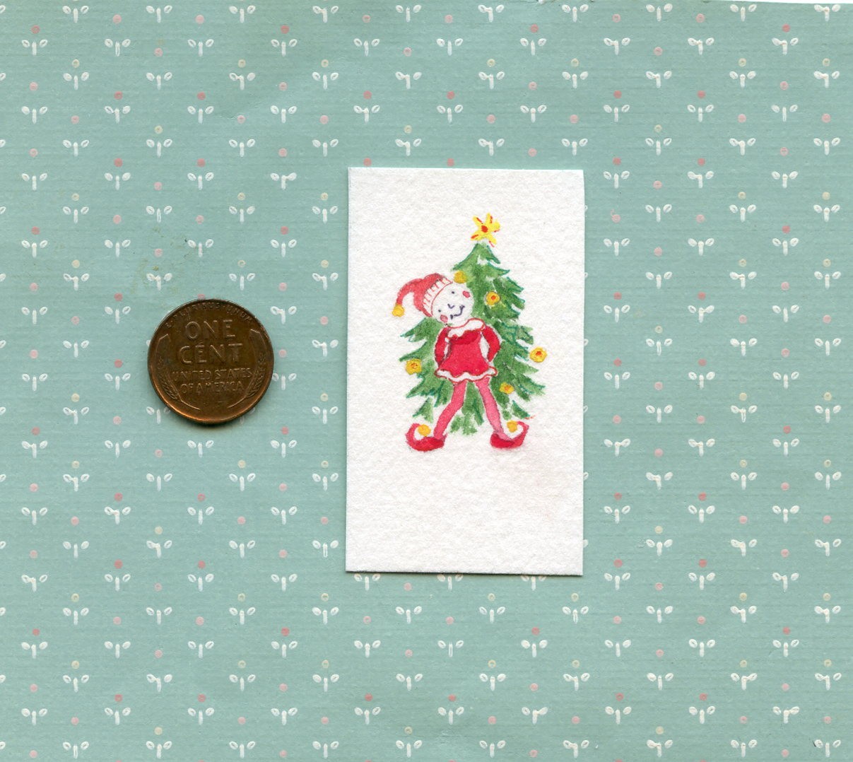 Original 1:12 Miniature watercolor – #3 In A Series of 3 Christmas in July «Elf»